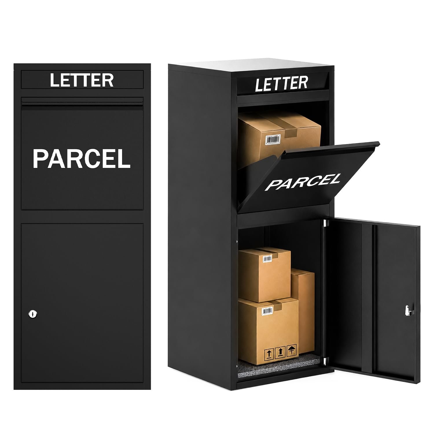 BELOFAY Wall or Floor Mounted Parcel Box, Lockable Outdoor Parcel Delivery Box, Weatherproof Steel Drop Box with Flip Lid & Secure Front Door Access, Black, 30D x 50W x 75Hcm
