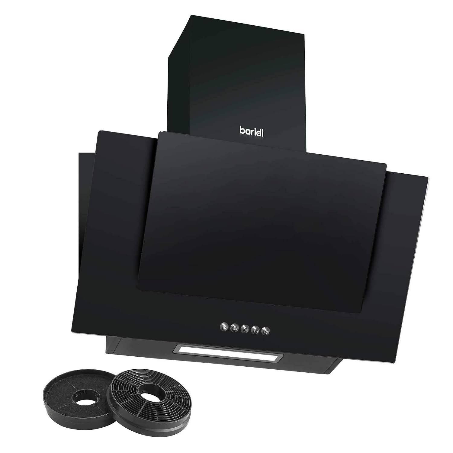 Baridi 60cm Angled Chimney Cooker Hood with Carbon Filters, LED Lamp, Energy Class B, Black Glass - DH129