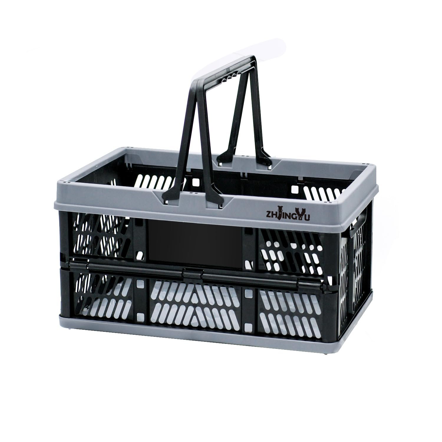 ZHJINGYU Collapsible Crate, 20L Collapsible Storage Box with Handle, Plastic Crate for Milk Clothes Toy Book Snack Shoe Grocery Storage (Black&Gray)