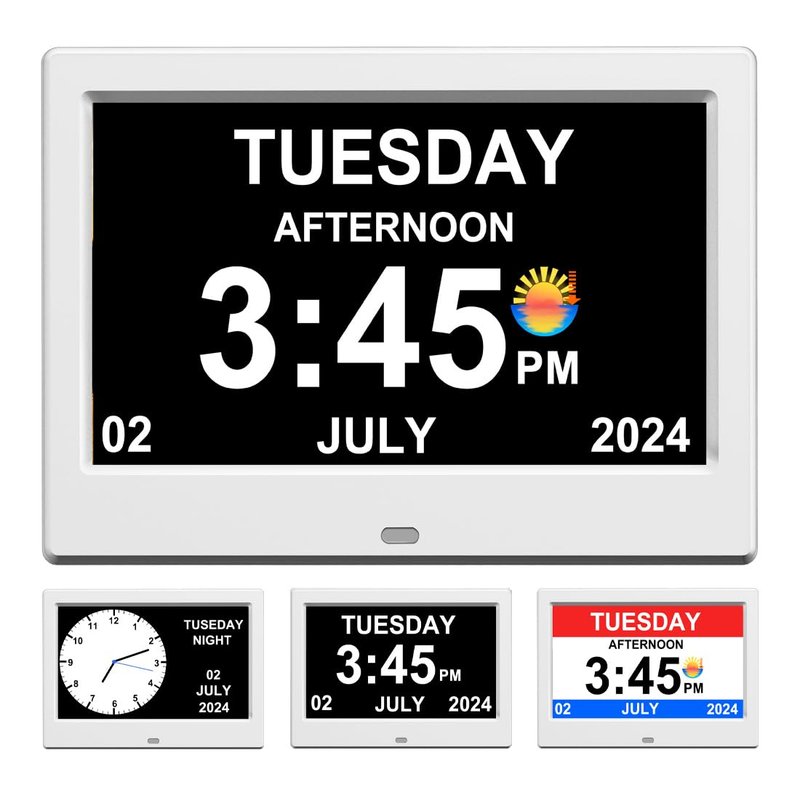 Alarm Clock with Day and Date for Elderly, Digital Calendar, Photo Frame, Automatic Dimmable Display, 15 Alarm Options (7 inch White)