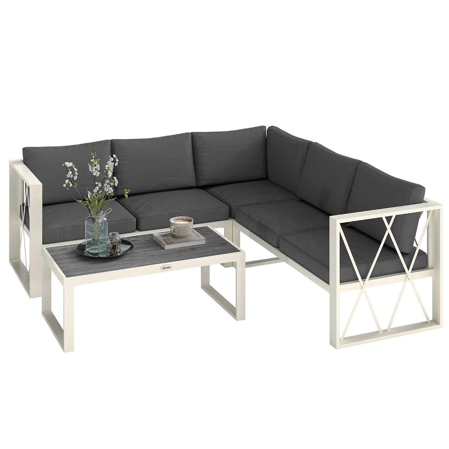 Outsunny 4 Piece L Shaped Garden Furniture Set with 5-Level Adjustable Lounger, 5 Seater Sectional Outdoor Sofa Set with 2 Loveseats, Corner Chair, DPC Coffee Table and Removable Thick Cushions, Grey