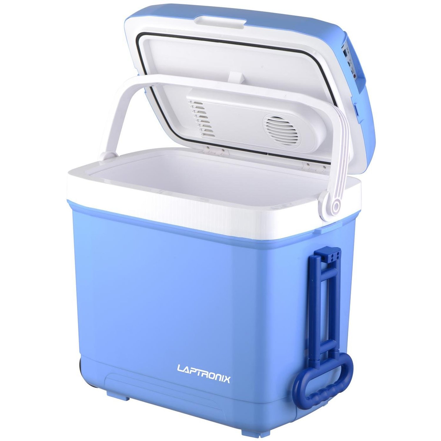 Laptronix 30L Electric Cool Box Cooler with two wheel Trolley for Drinks Food Ice, Hot & Cold Coolbox for Travel Camping Picnic Caravan Festivals, 12V DC &240V AC Adapter CE GS Certified