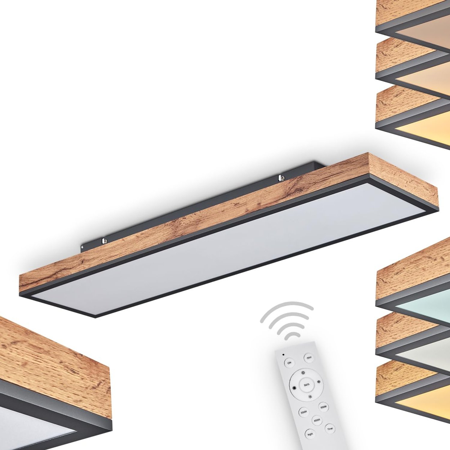 hofstein LED Ceiling Light Salmi in Black/Wood-Optic/brun Metal with White Plastic lampshade, Modern Ceiling lamp, 1x LED 24Watt, 1500Lumen, 4000Kelvin, dimmable & Light Color Changeable via Remote