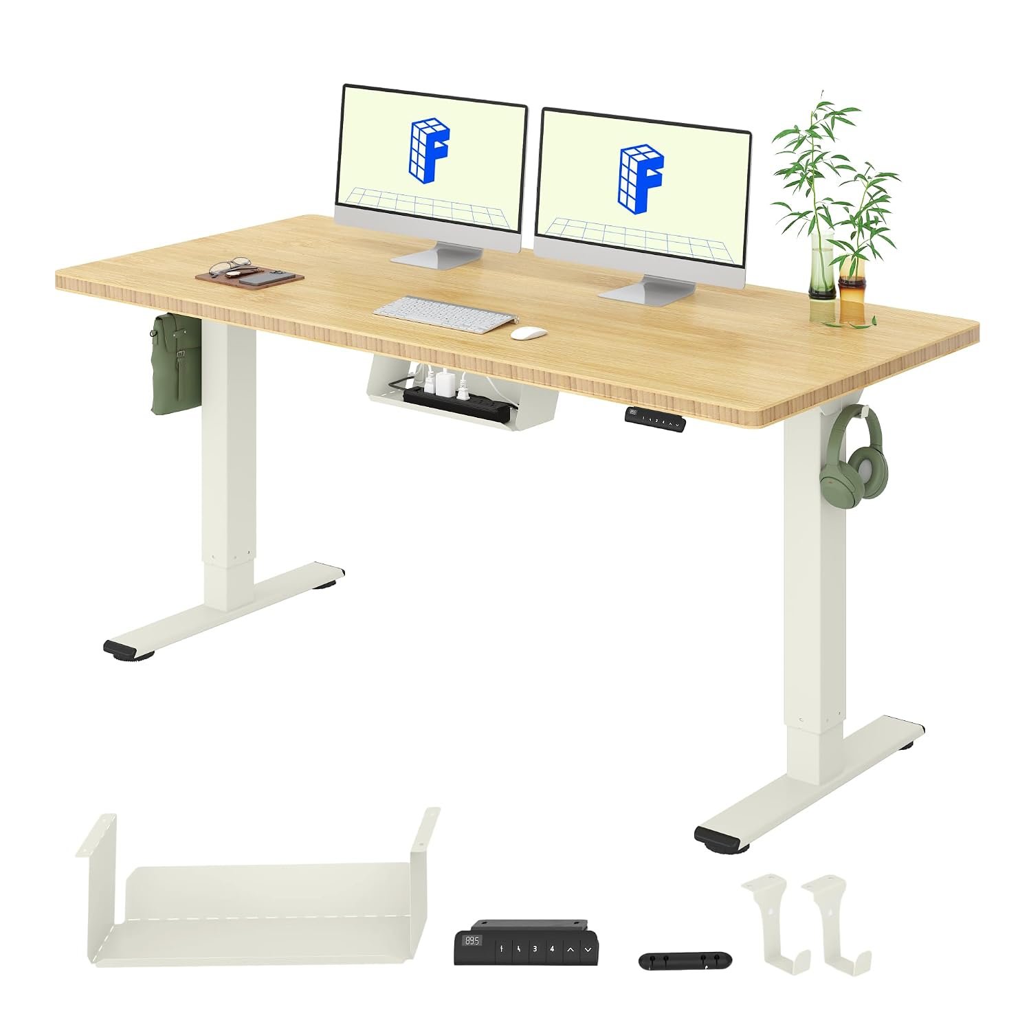 FLEXISPOT Bamboo Electric Standing Desk Adjustable Standing Desk 160x80cm Sit Stand Up Desk Computer Desk with Hook Memory Function (Mousse White Frame+Bamboo Desktop)