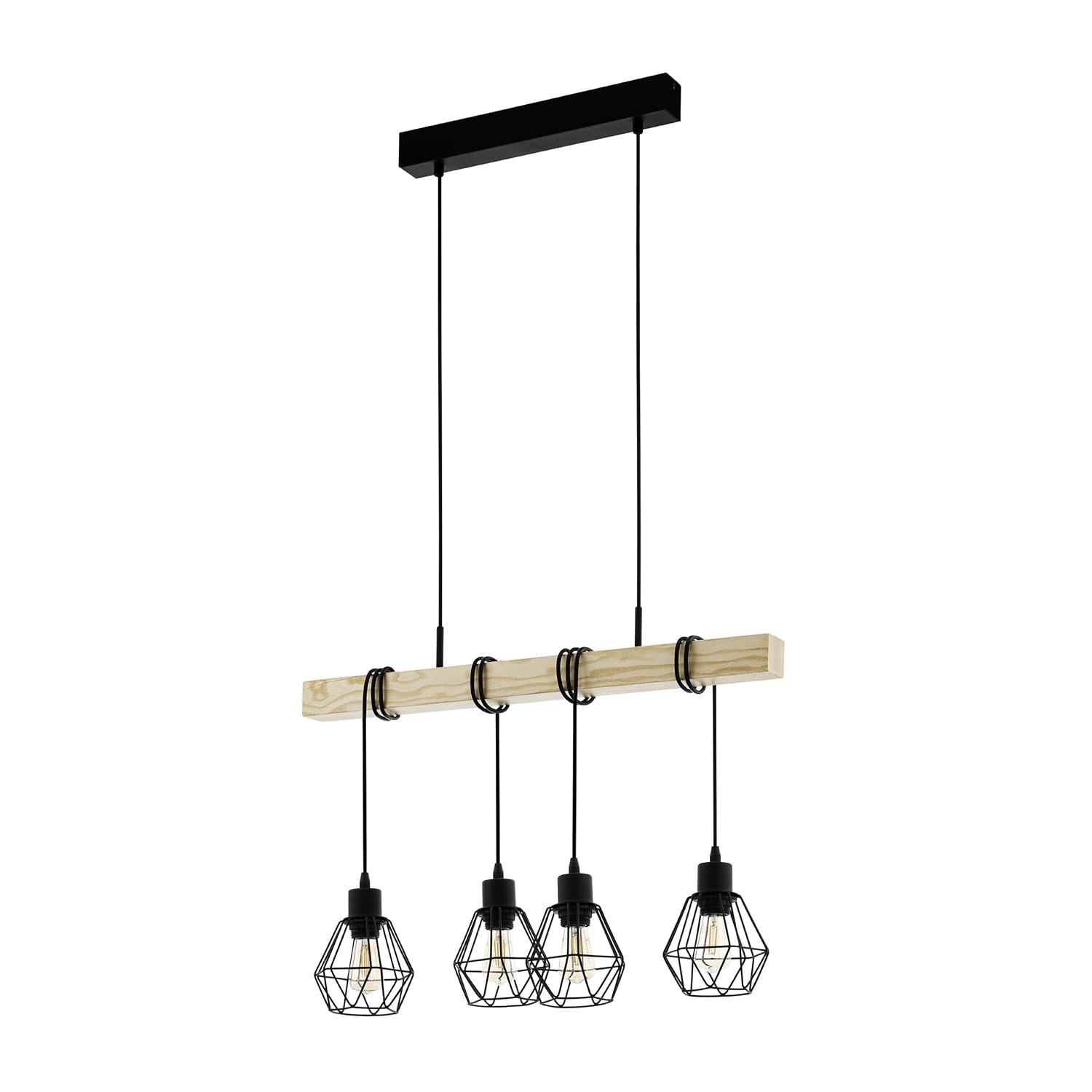 Eglo Pendant Lighting Townshend 5, 4-lamp Vintage Ceiling Light Fitting, Industrial Hanging lamp for Living and Dining Room, Black Metal and Natural Wood, FSC, E27 Socket