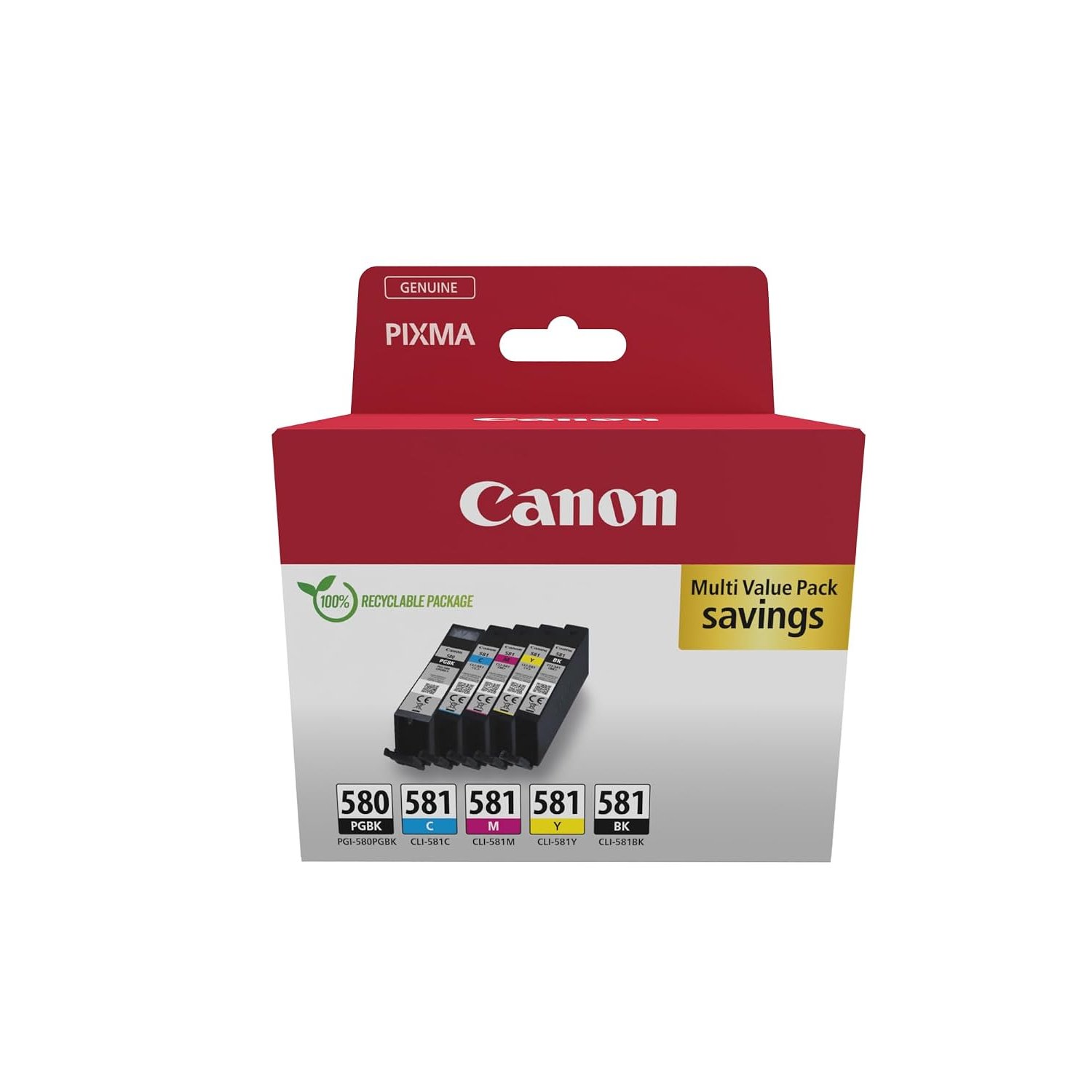 Canon PGI-580 CLI-581 BK C M Y PGBK Pack of 5 cartridges (Black Cyan Magenta Yellow Office Black Colour) Genuine (Recycled Cardboard Multipack)