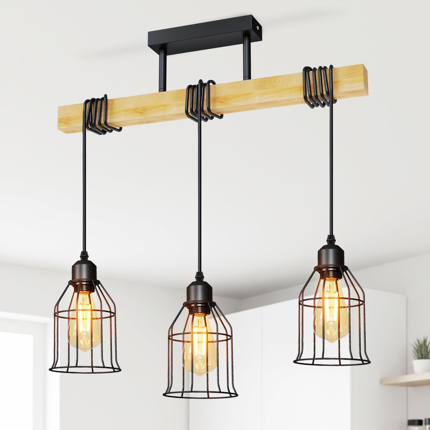 LVWIT Black Kitchen Lights Ceiling,Pendant Lighting,Vintage Hanging Lights,Wood Ceiling Light Fitting,3 Way Drop Light Ceiling,Industrial Ceiling Light for Lving and Dining Room(E27 Base,NO Bulbs)
