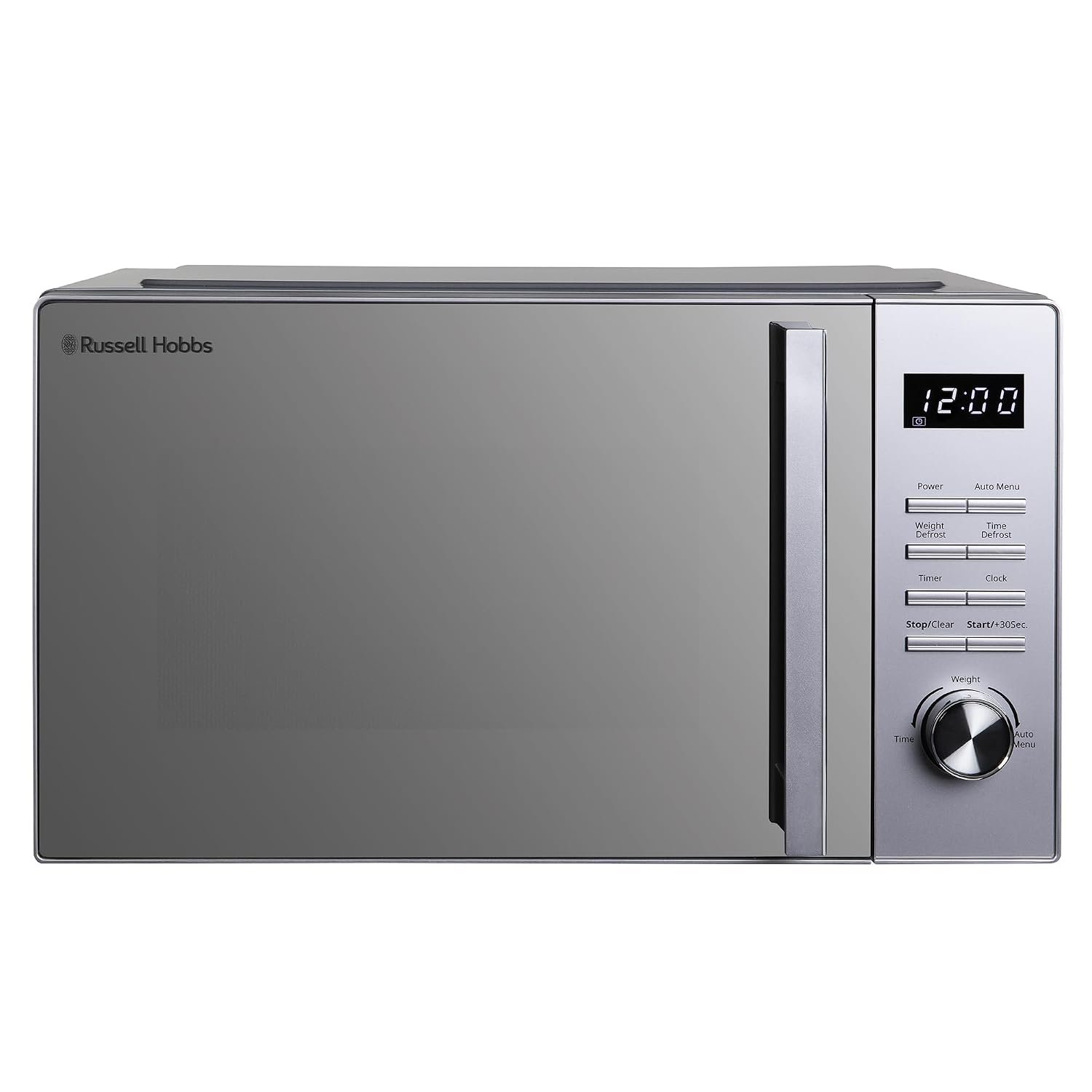 Russell Hobbs 23L Flatbed Digital Microwave with 800W Power, 8 Auto-Cook Menus, Defrost Function and Child Lock in Silver, RHFM2365S