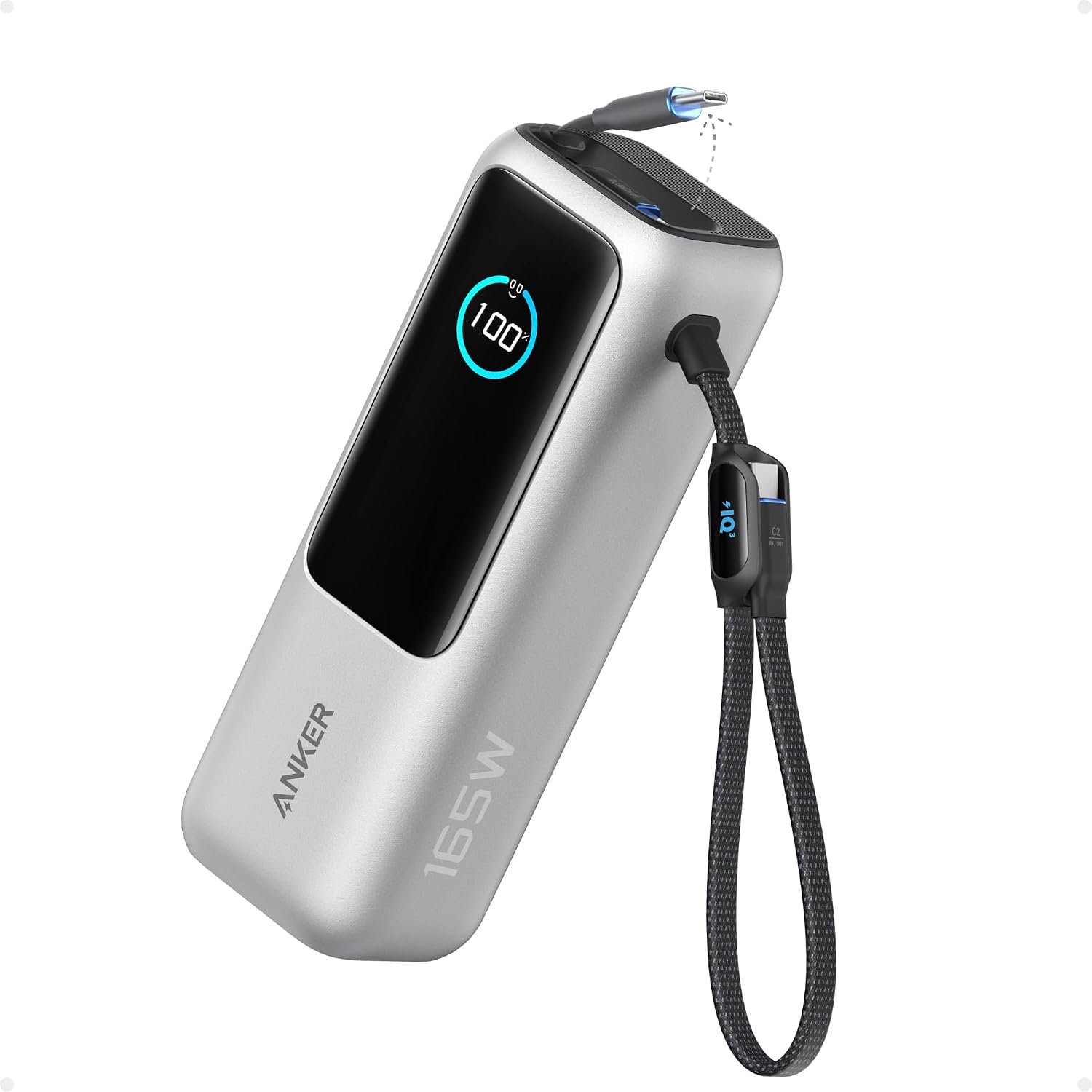 Anker Laptop Power Bank, 25,000mAh Portable Charger with Triple 100W USB-C Ports, Built-in Retractable Cables, Flight-Approved for Travel, iPhone 17/16 Series, Samsung, and More