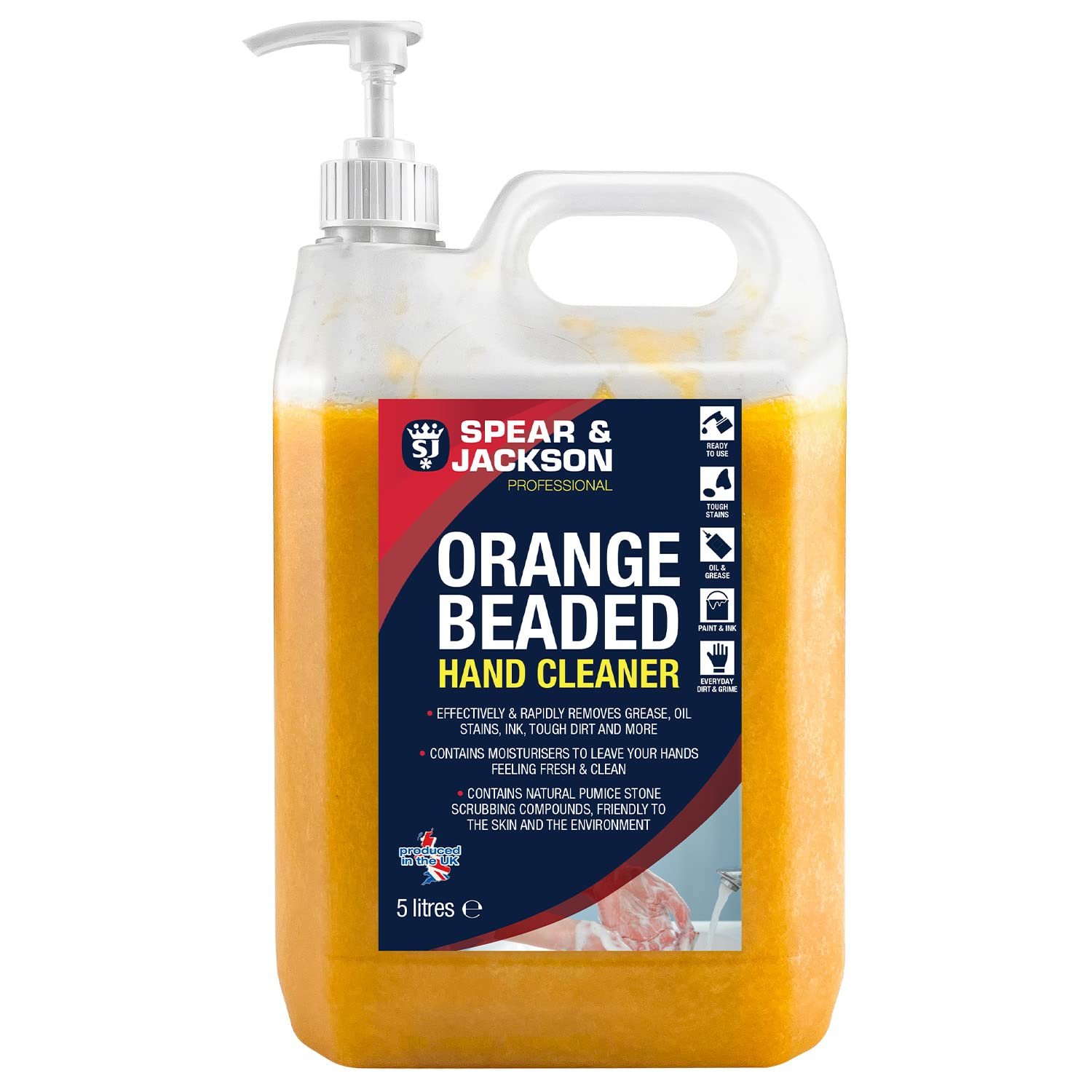 Spear & Jackson Orange Beaded Hand Cleaner 5L With Moisturiser - Rapidly Removes Grease, Oil, Stains, Ink, Tough Dirt and More