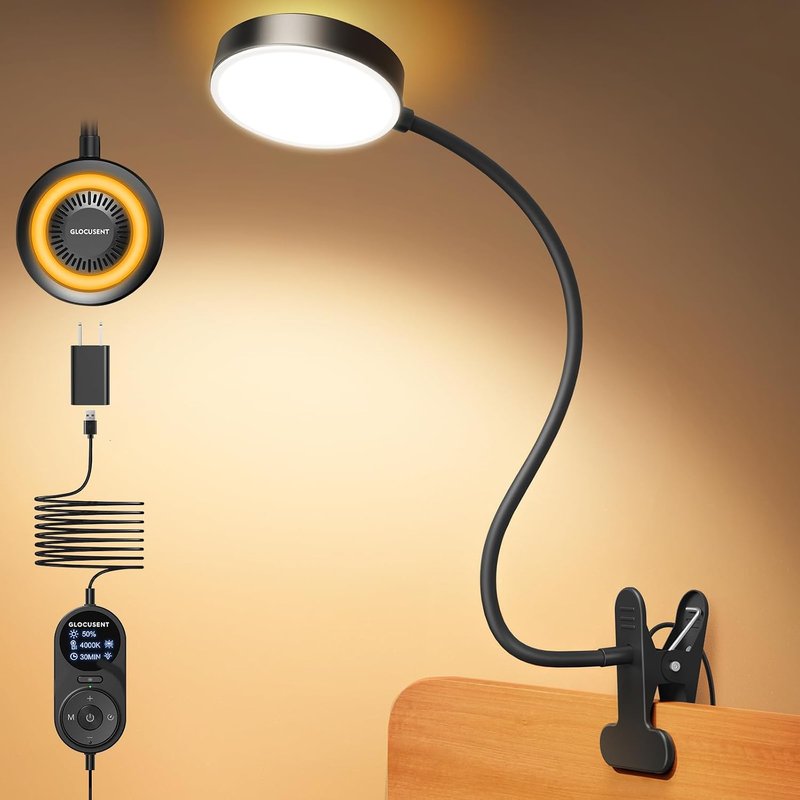 Glocusent Clip on Light, 72 LED Bedside Light with 3 Colors & 5 Brightness, Flexible with Amber Night Light, 30/60Min Timer, Eye Caring, for Bed/Reading/Studying/Working (Black with Adapter)