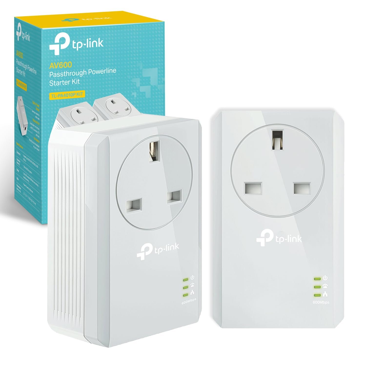 TP-Link TL-PA4010PKIT AV600 Passthrough Powerline Adapter, 100Mbps Powerline Network Adapters with Ethernet Ports, Integrated Power Socket, Power-Saving Mode, Pair Button, Plug and Play, UK Plug