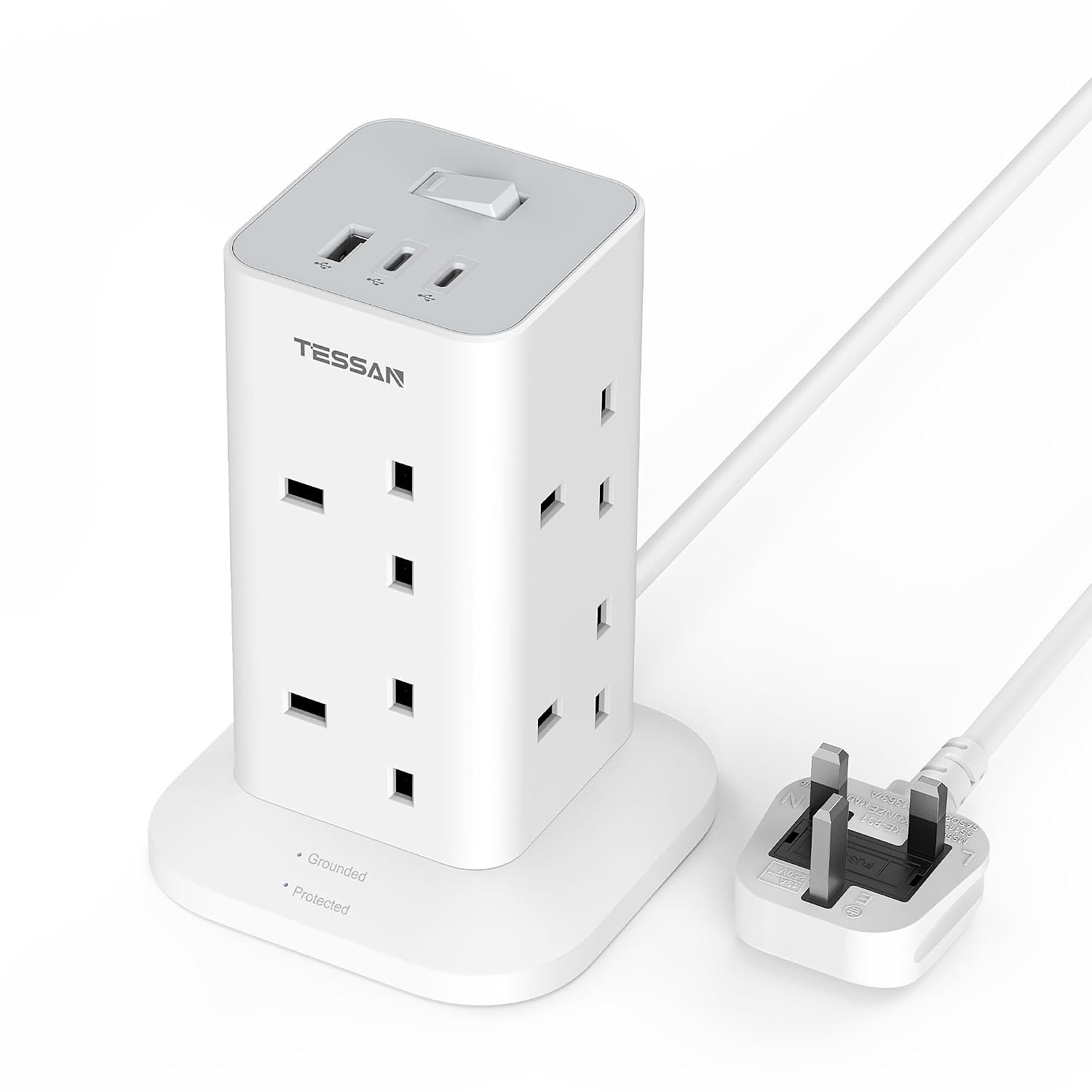 TESSAN Tower Extension Lead with 2 USB C Slots, 8 Way Multi Plug Extender Sockets 2M Cord, Surge Protected Power Strip with Switch for Home, Drom Room, School, Office Supplies