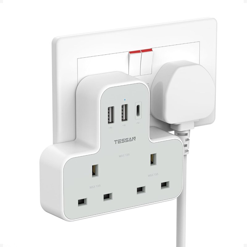 Plug Adapter with 3 USB Ports, TESSAN Double Plug Adaptor UK, 2 Way MultiPlug Extension with USB Charger, Slim Power Extender for Office, University Essentials