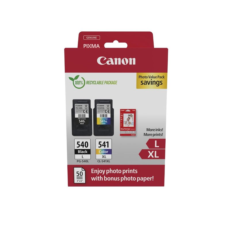 Canon PG540L / CL541XL High Yield Genuine Ink Cartridges, Pack of 2 (Colour and Black), Includes 50 Sheets of 4x6 Photo Paper - Security Cardboard Multipack