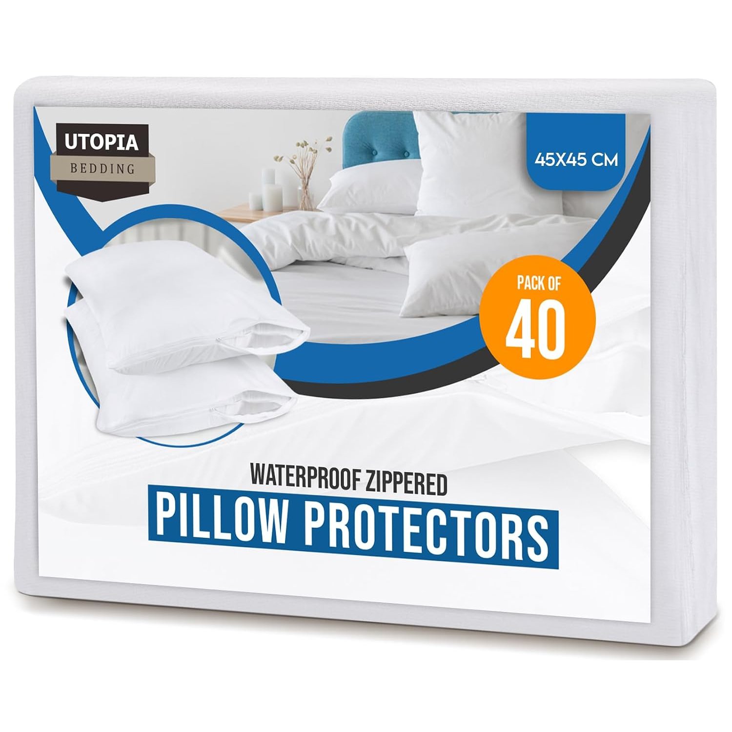Utopia Bedding Waterproof Zippered Pillow Protectors (Size - 45 x 45 cm) - Pack of 40 - Anti Bed Bug and Dust Mite Proof Pillow Encasement