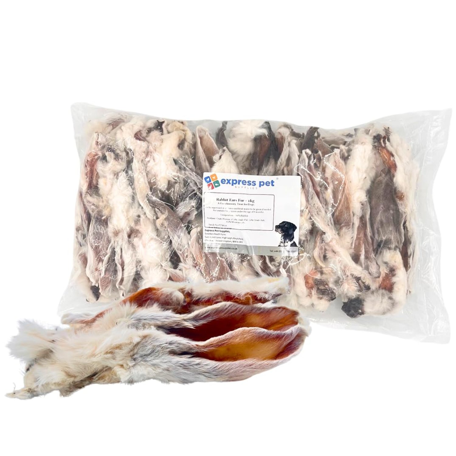Express Pet Supplies 1kg Rabbit Ears Furry Natural with Hair/Fur Hypoallergenic Dog Treat Chew