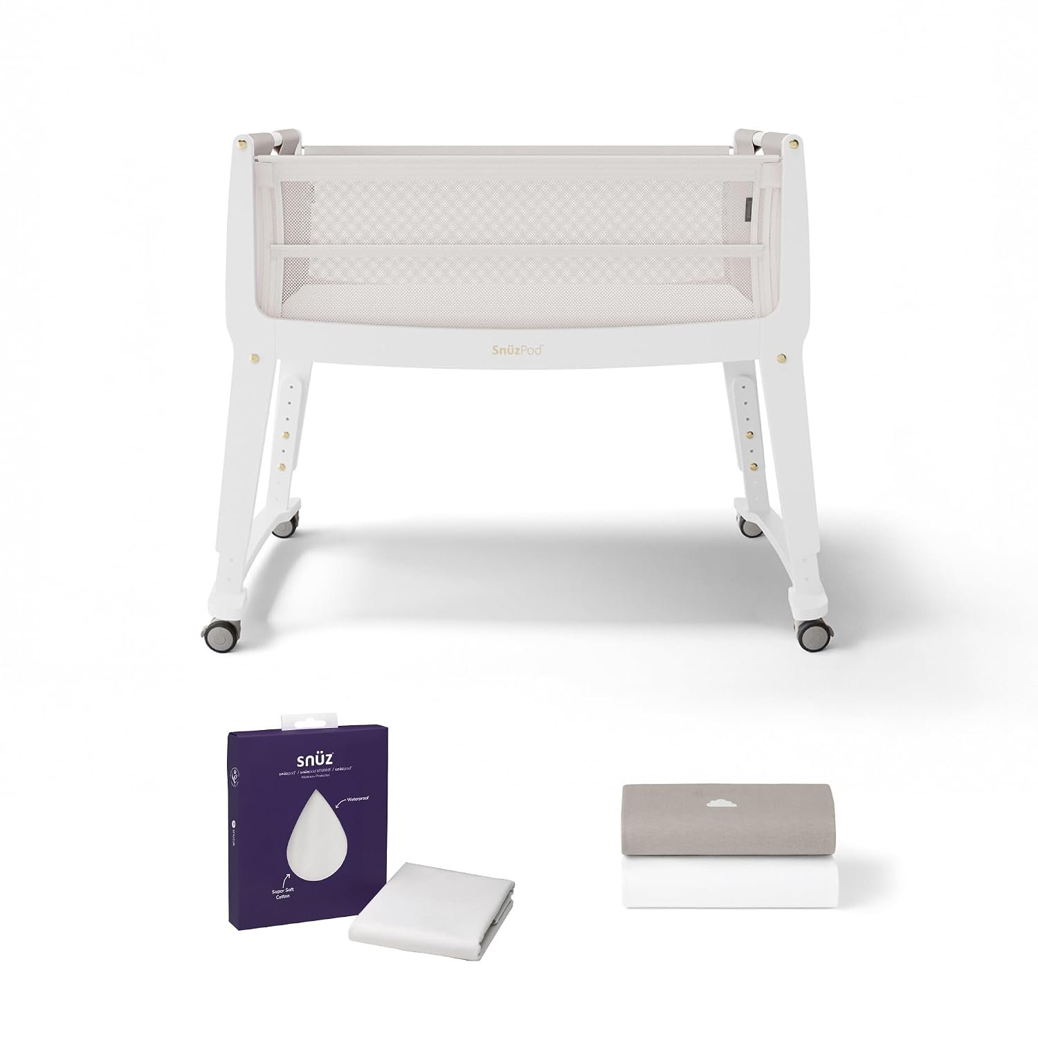 SnuzPod Studio Next to Me Crib Bundle - Portable, Lightweight Baby Bed with Zip-Down Wall & Breathable Mattress, Waterproof Crib Mattress Protector & Bedside Crib Fitted Sheets, Paris