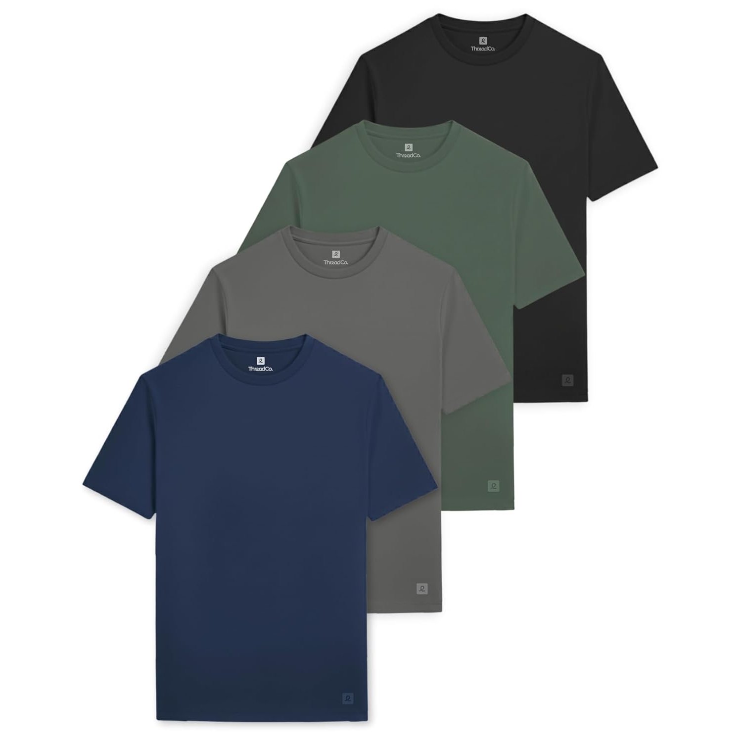 ThreadCo Men's T-Shirts - 100% Cotton - Premium Weight 180gsm Mens T Shirt - Tailored-Fit Crew Neck Tee - Soft, Breathable & Pre-Shrunk - 4 Pk - Black, Slate, Green & Navy Blue - Large