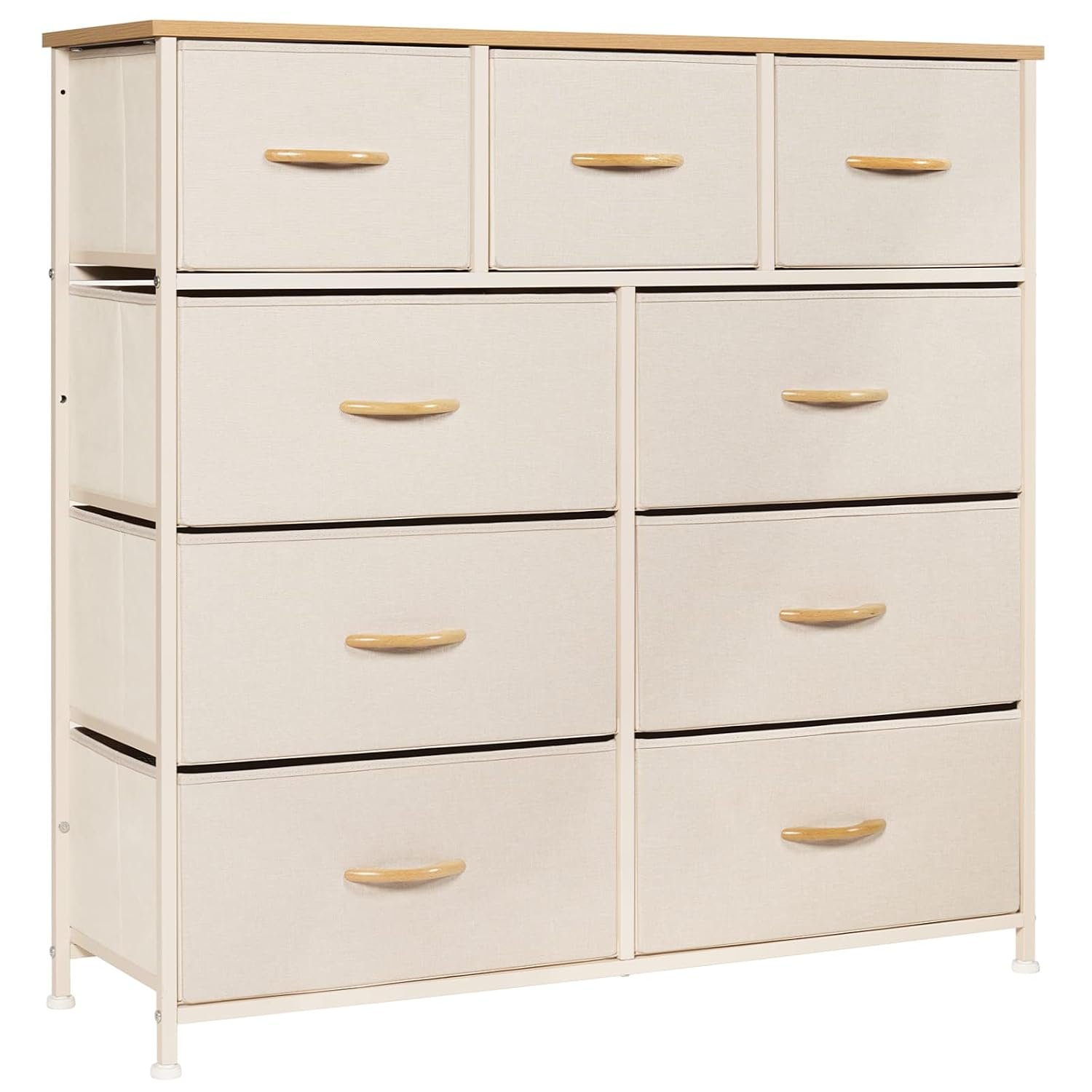LYNCOHOME Chest of Drawers, Bedroom Drawers, Fabric Dresser with Wood Top and Large Storage Space, Easy to Assemble, for Bedroom, Living room, Kids room, Closet (Beige, 9 Drawers)
