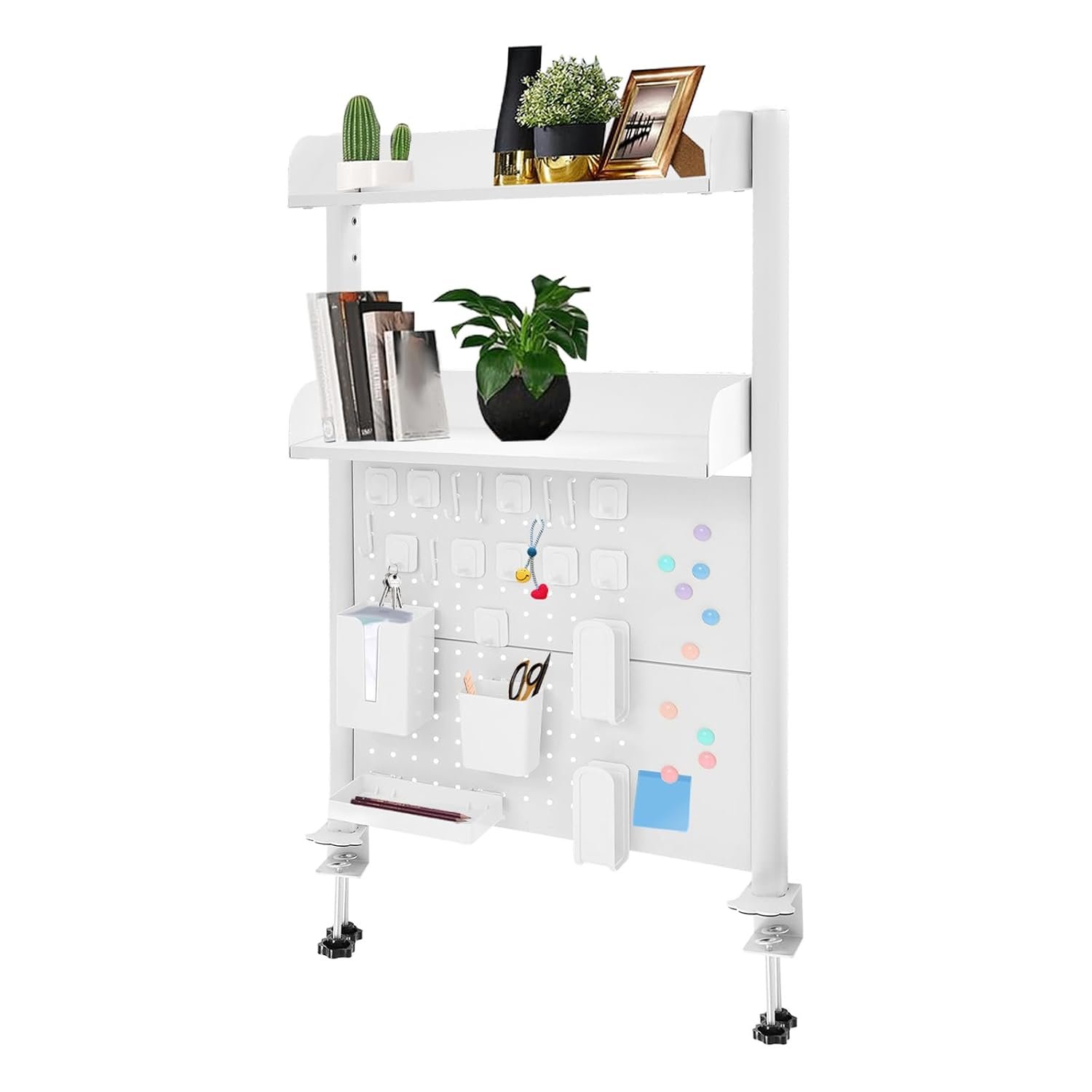 Eieblek Clamp On Desk Organizer Shelf, Desktop Organizer With Pegboard, Countertop Storage Bookcase, 60cm Long, Adjustable Countertop Bookshelf, For Home, Office Or Dorm (White)