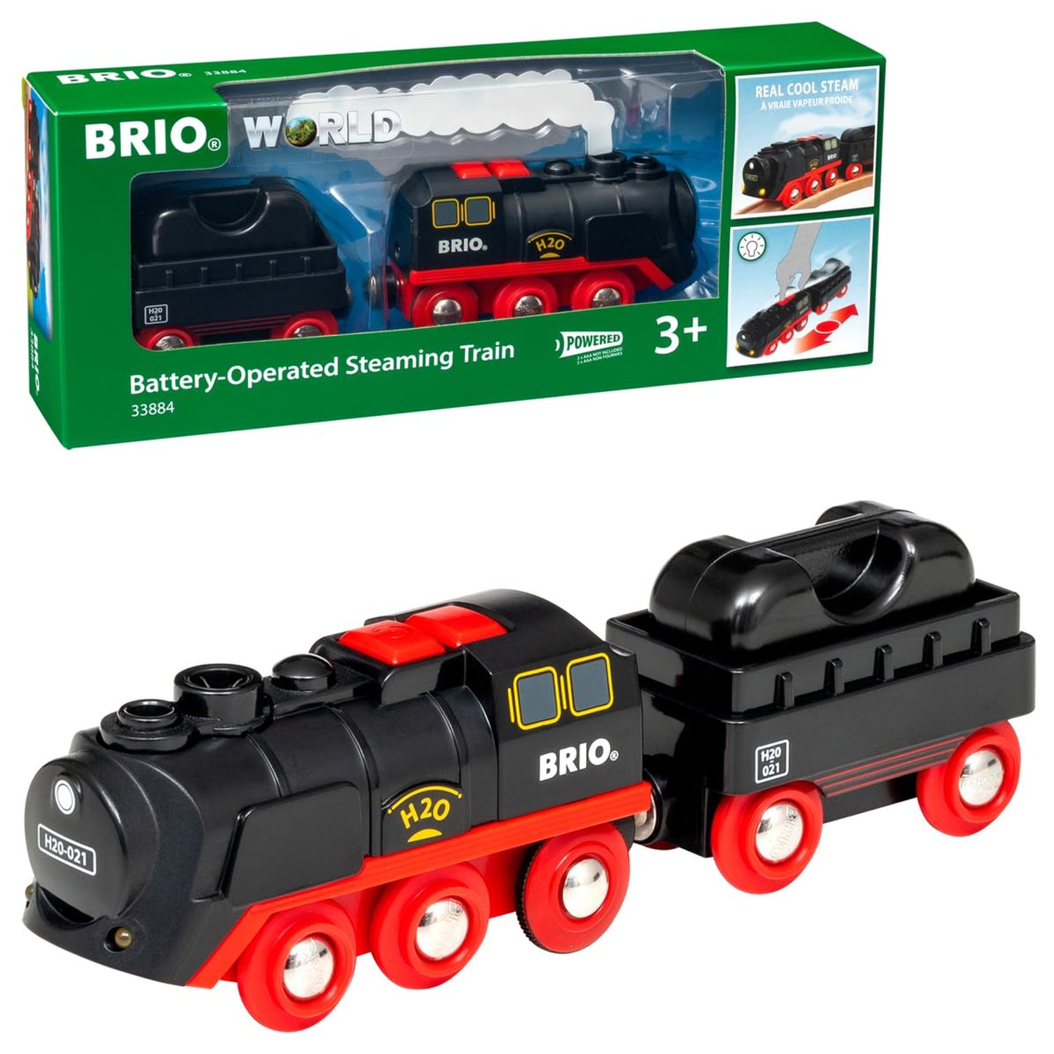BRIO World 33884 Battery Powered Steam Locomotive Toy Train Engine with Refillable Water Tank, Cool-Touch Realistic Steam & Headlights, Fits BRIO Wooden Railway Track, Ages 3+