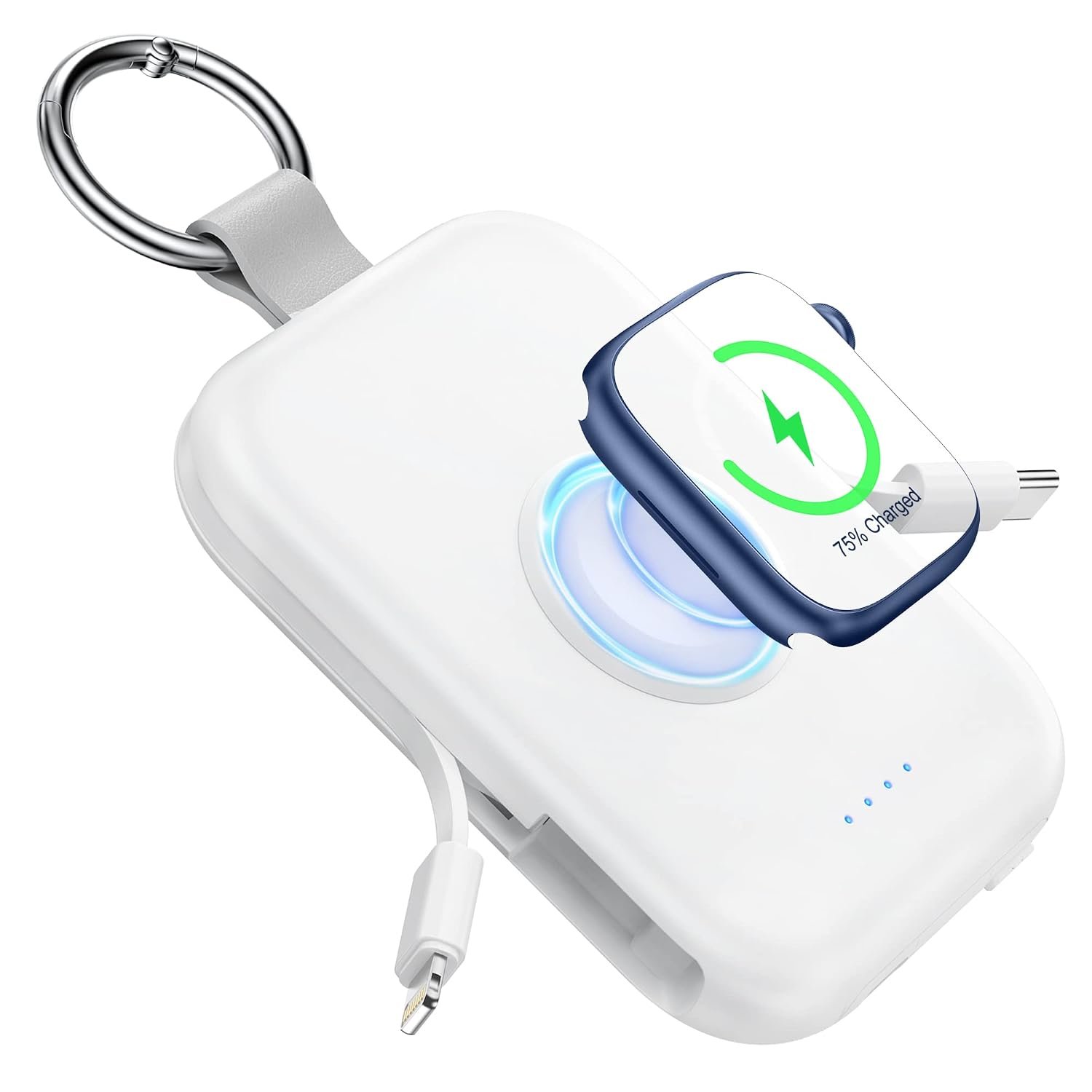 RORRY Portable Charger, 5000mAh Portable Charger Power Bank with Built-in Cables, Travel Keychain Battery Pack for iPhone Air/17/16/15/14/13/12, Apple Watch Ultra/11/10/9/8/7/6/SE, White