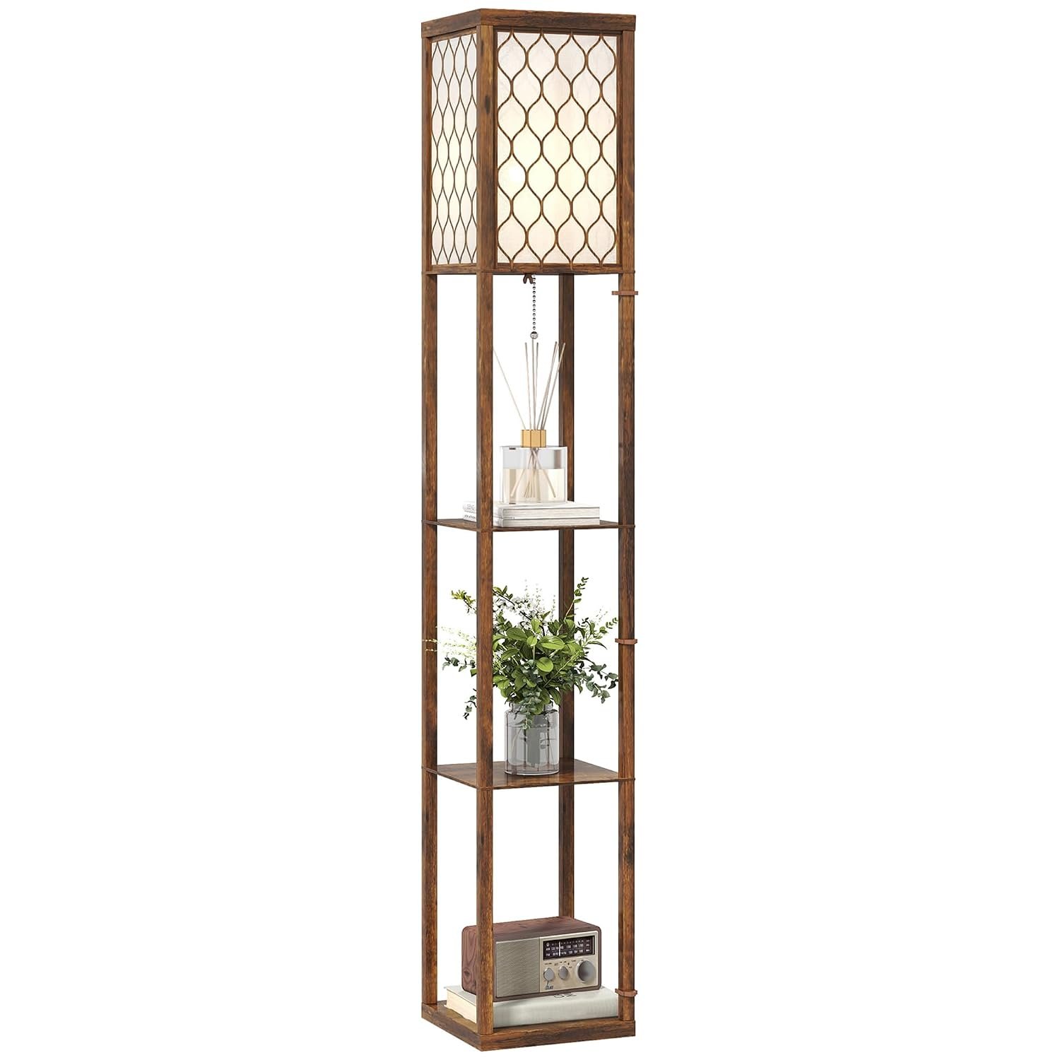 HOMCOM Floor Lamp with Shelves, Modern Tall Standing Lamps with Fabric Lampshade, Chain Switch and Single Light for Living Room, Bedroom, Bulb not Included, Rustic Brown