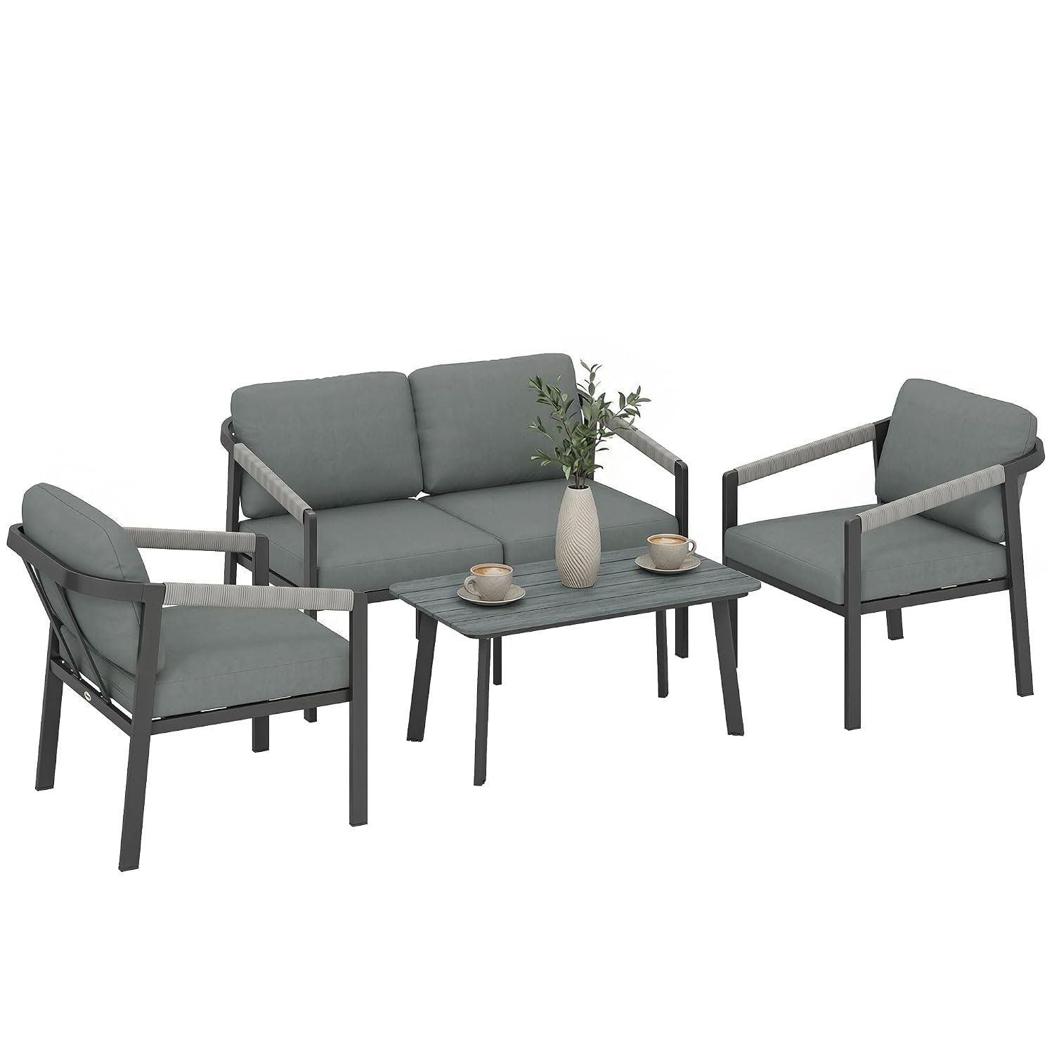 Outsunny Aluminium Garden Furniture Set, 4 Seater Outdoor Patio Furniture with Loveseat, 2 Armchairs, Slatted Table, Outdoor Furniture Conversation Set with Thick Cushions, Black