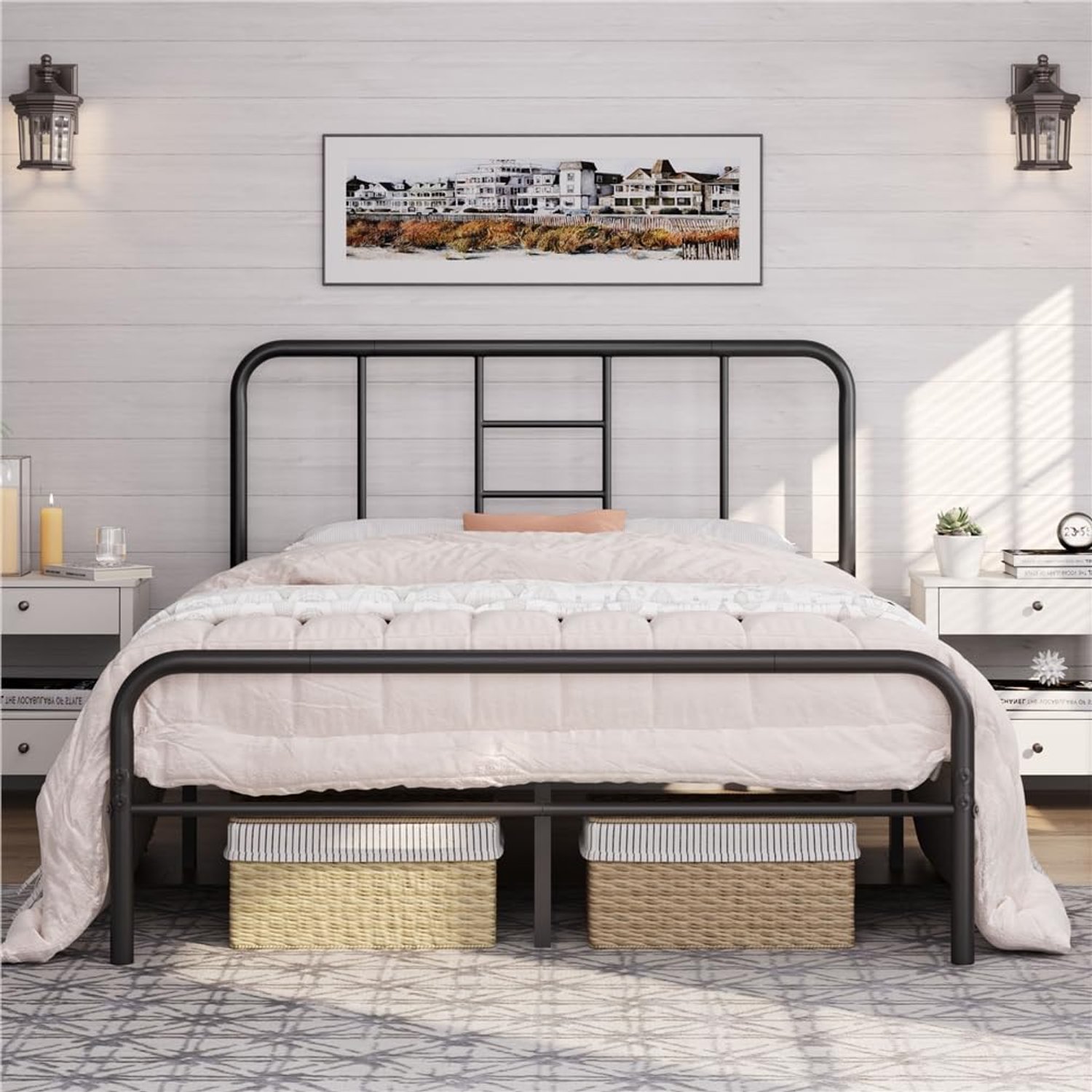 Yaheetech Black Metal Double Bed 4ft6 Iron Bed Frame with Curved Headboard, Under Bed Storage Space, for Adults/Teenagers, Suit for 135x190cm Mattress, Easy Assembly