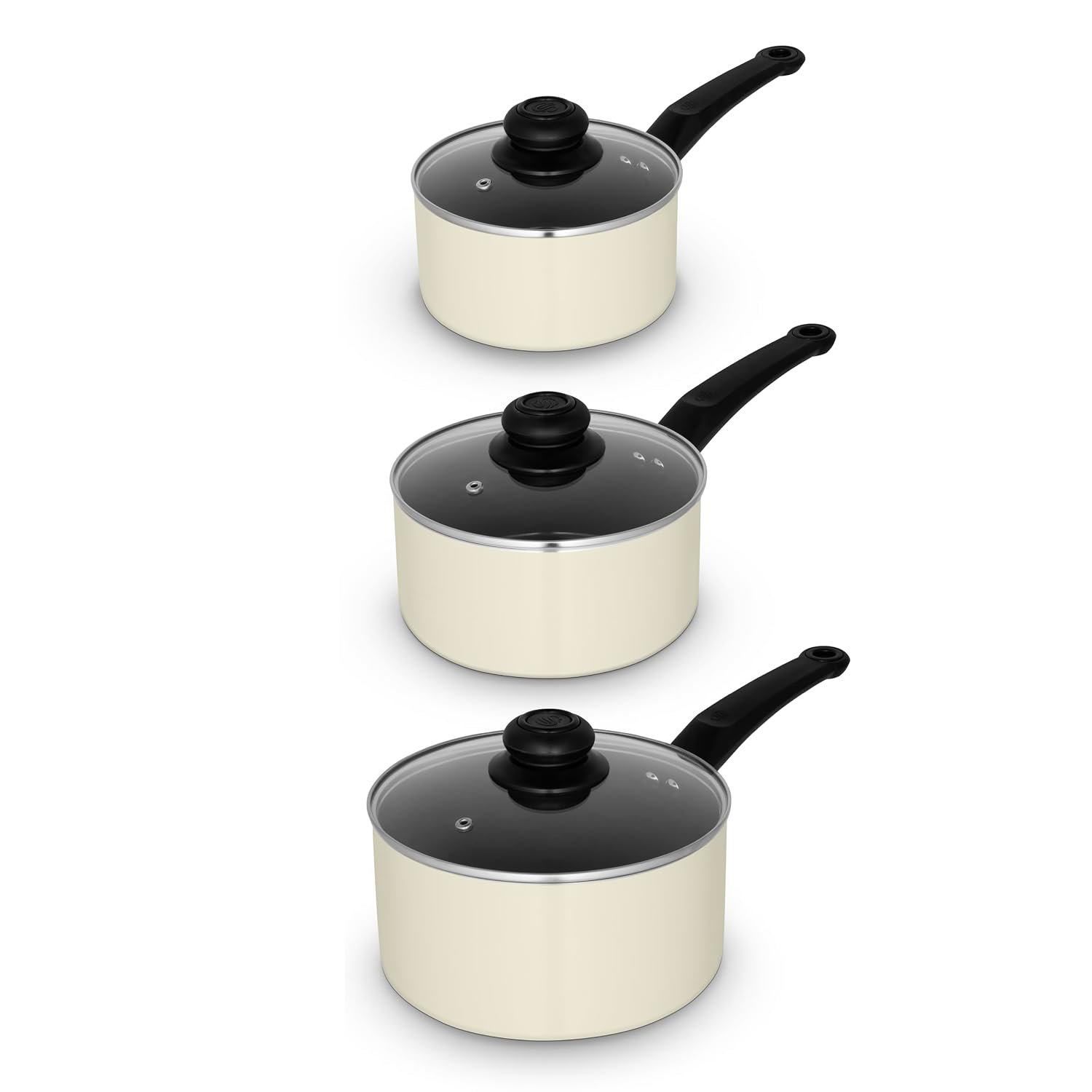 Swan Townhouse 3 Piece Saucepan Set with 16/18/20cm Saucepans with Glass Lids, Bakelite Handles, Suitable for All Hob Types (excluding Induction), Oven Safe, Cream