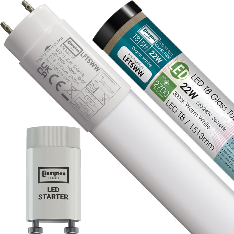 Crompton Lamps 5ft LED T8 Tube, 3000K Warm White, 22W (58W Equivalent), Replacement Fluorescent Tubes for LED Batten Light, Ceiling Strip Lights, Garage Lighting, Includes Fluorescent Starter