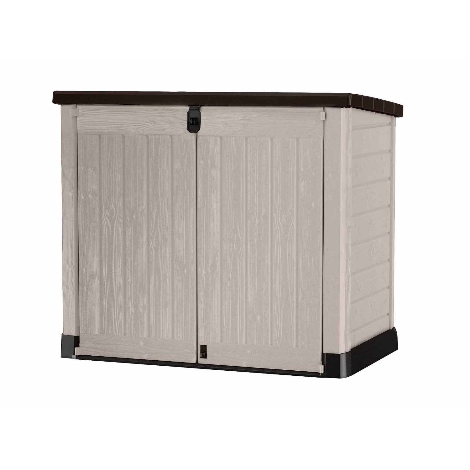 Keter Store It Out Pro Outdoor Garden Furniture Storage Shed Beige with Brown Lid Fade Free All Weather Resistant Safe and Secure Zero Maintenance 5 year Warranty