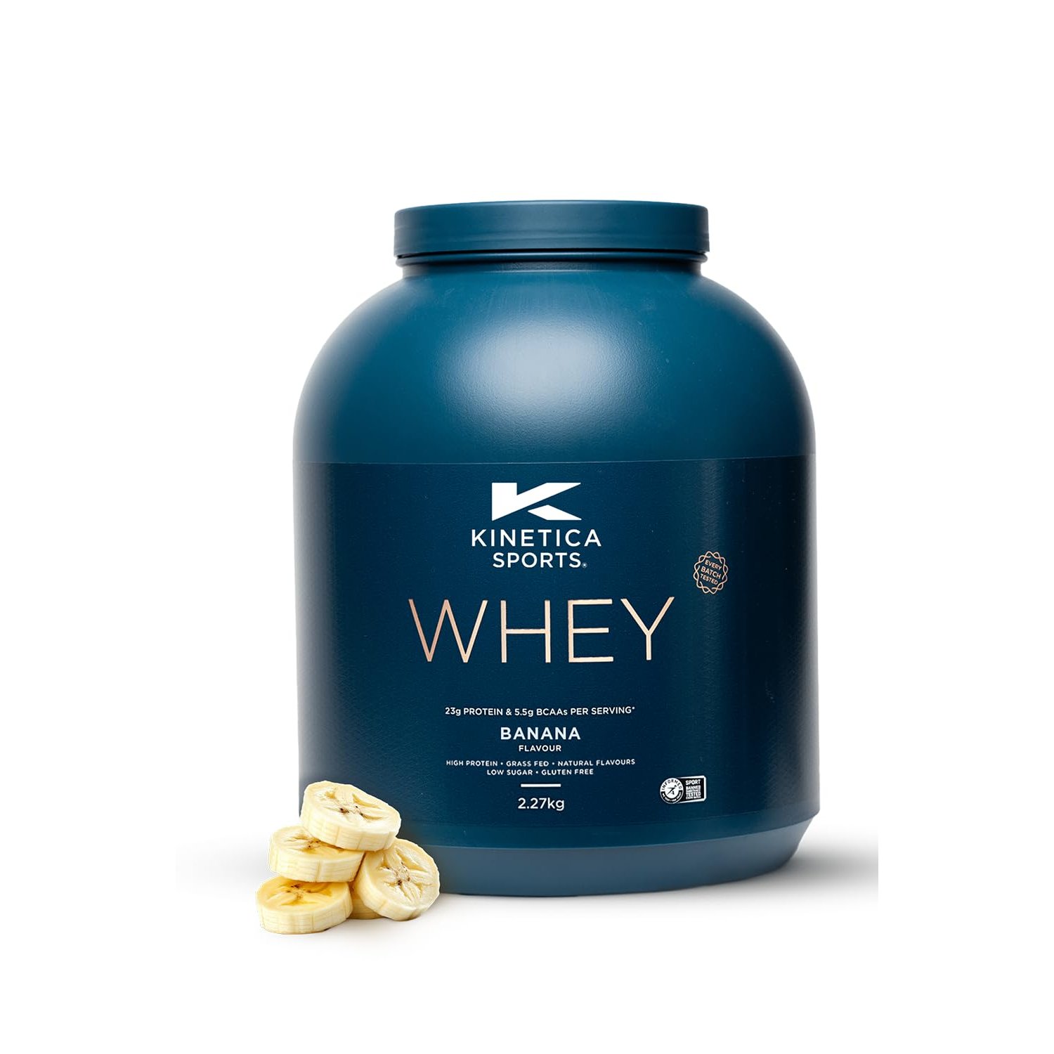 Kinetica Sports Whey Protein Powder - Banana, 2.27Kg, 76 Servings | 23gm Protein, 5.5gm BCAA Amino Acid & 4.32gm Glutamine | Recovery Shake for Optimum Nutrition | WADA & Informed Sport Approved