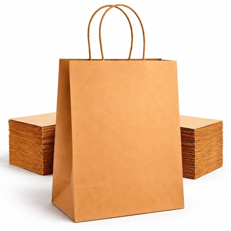 HURUC 100 Pcs Brown Paper Bags With Handles,130GSM Medium Paper Gift Bags for Present, Eco-Friendly Kraft Carrier Bags, Christmas, Easter, Birthday Parties, Retail, 18x24x8cm