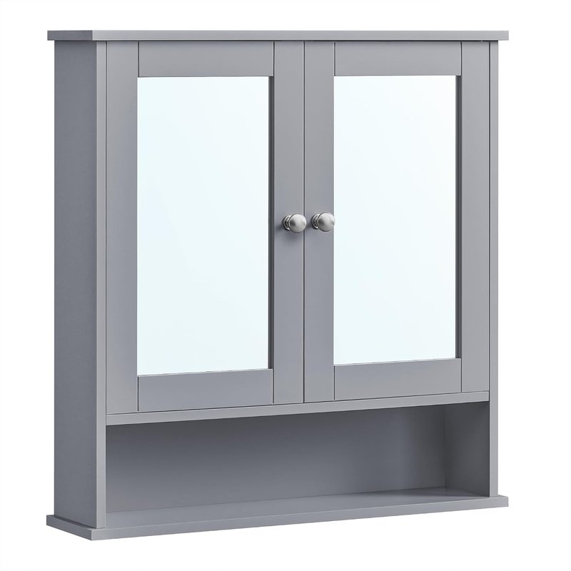 VASAGLE Bathroom Cabinet with Mirror, Wall Cabinet with 2 Mirrored Doors and Open Compartment, Adjustable Shelf, Wall-Mounted, 13 x 56.5 x 58.5 cm, Dove Grey LHC002G02