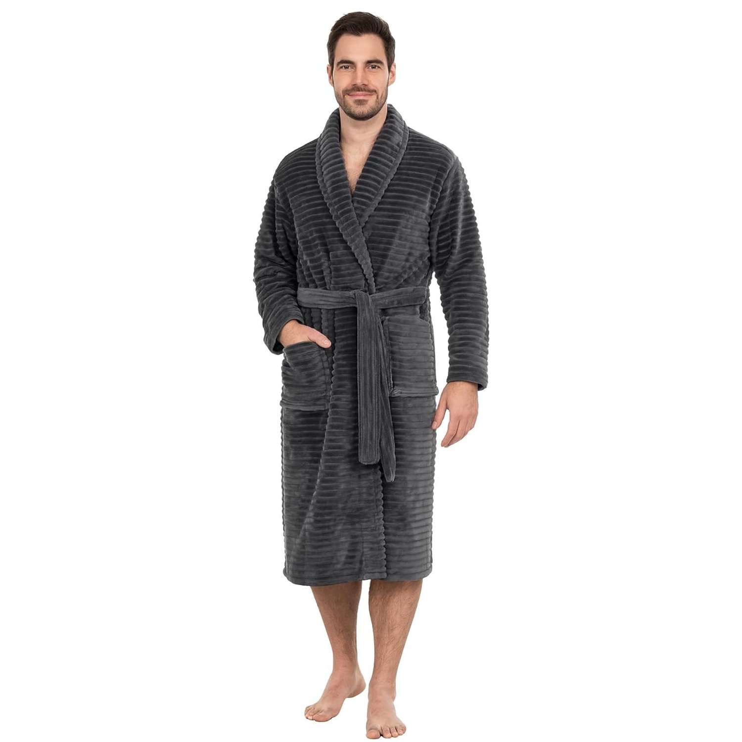 Adore Home Mens Extra Warm Fleece Dressing Gown – Thick Ribbed Bathrobe with Cosy Sherpa Lining, Charcoal, S-M