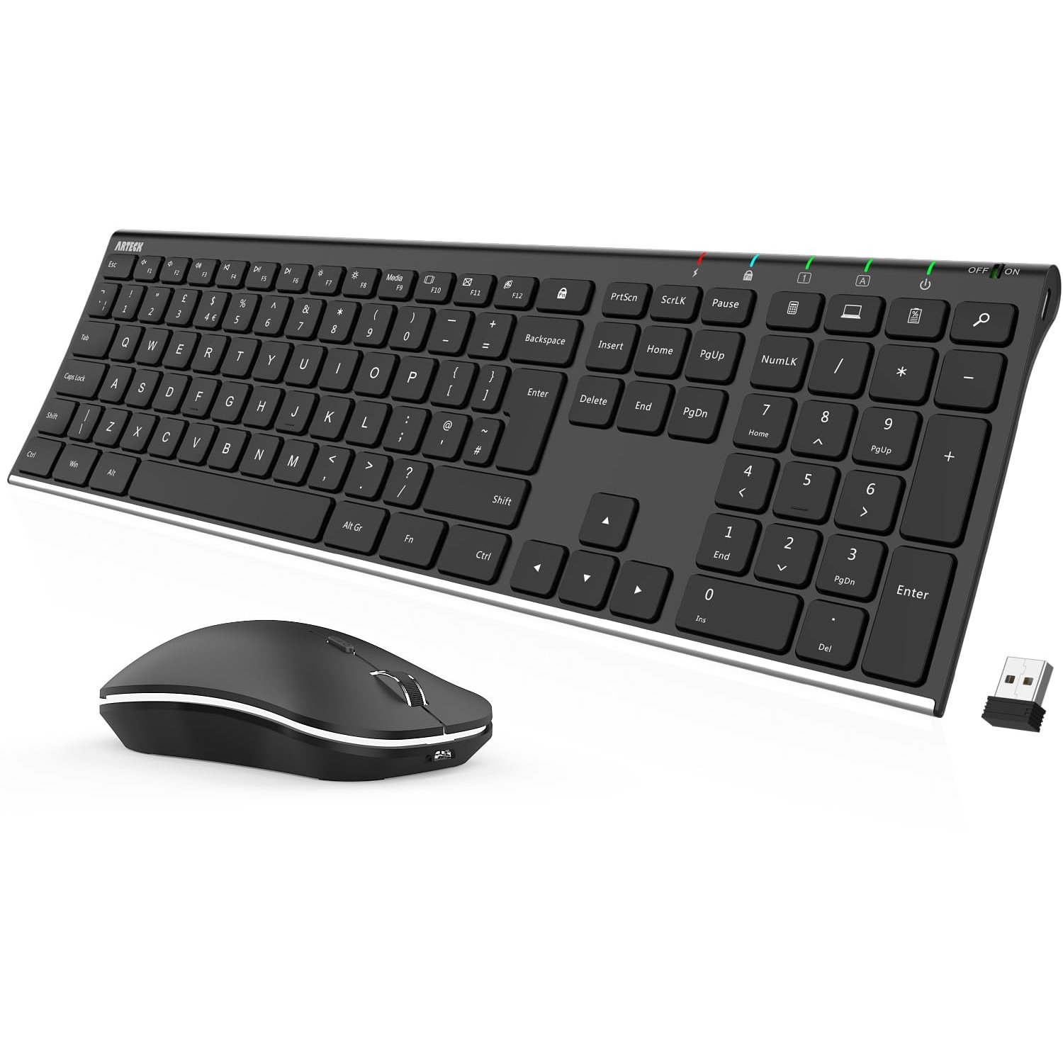 Arteck 2.4G Wireless Keyboard and Mouse Combo Stainless Steel Ultra Slim Full Size Keyboard and Ergonomic Mice for Computer Desktop PC Laptop and Windows 10/8/7 Build in Rechargeable Battery