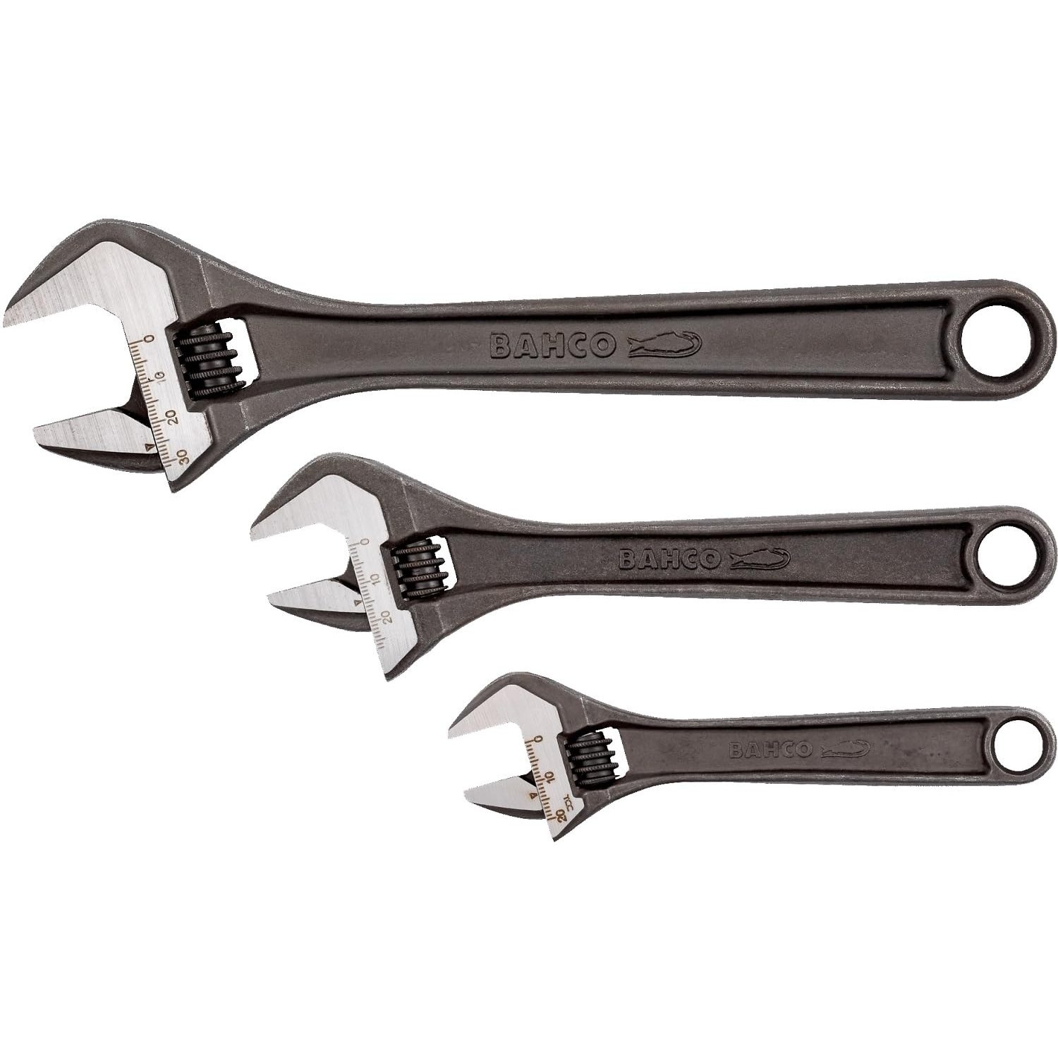 Bahco BHADJUST 3 ADJ3 Set of 3 Adjustable Wrenches (8070/8071 / 8072), Grey, 16 degree head angle