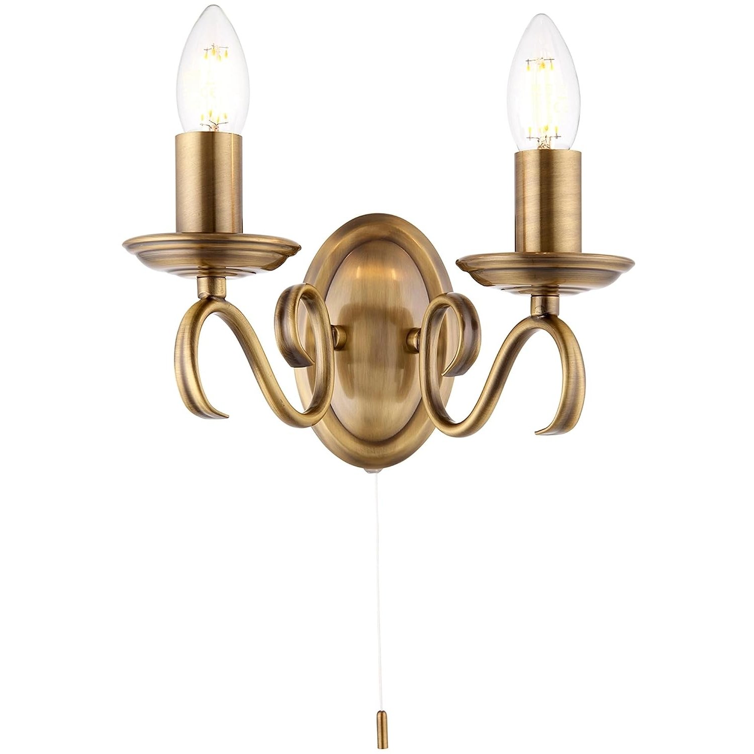 National Lighting Indoor Wall Light - Dimmable Twin Wall Lamp with Pull Chord Switch – Decorative Scrolled Arm Wall Sconce LED Wall Light For Bedroom Livingroom Dining-room Hallway – E14 Antique Brass