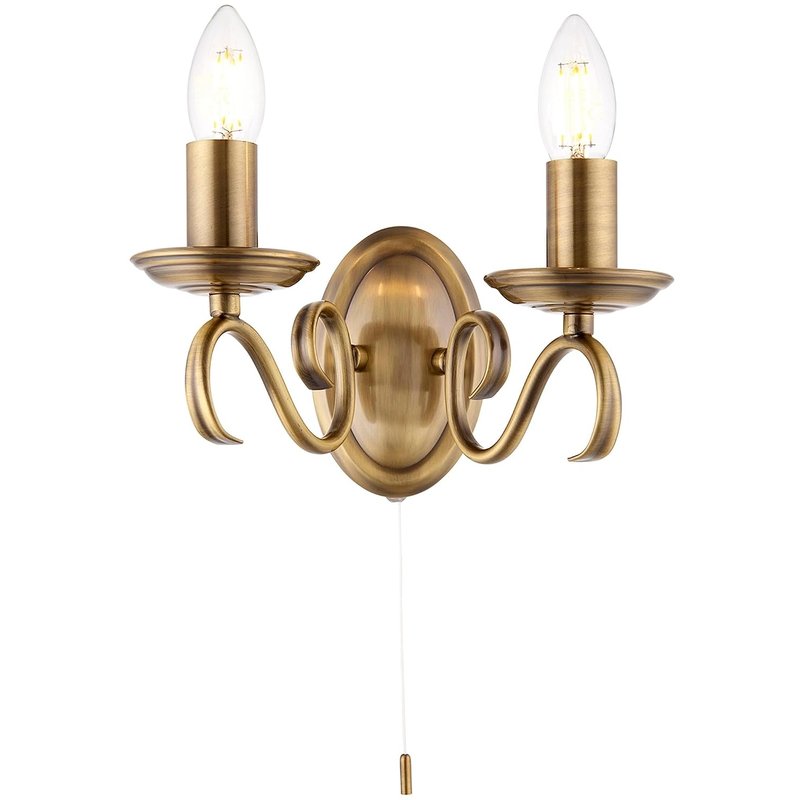 National Lighting Indoor Wall Light - Dimmable Twin Wall Lamp with Pull Chord Switch – Decorative Scrolled Arm Wall Sconce LED Wall Light For Bedroom Livingroom Dining-room Hallway – E14 Antique Brass