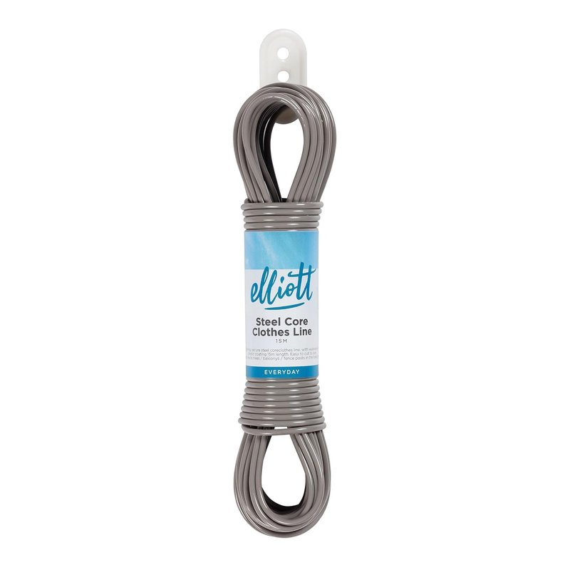 Elliott Steel Core Clothesline, 15 Meters, Extra Strong, PVC Coated Weather and Rust resistant Washing Line. Laundry Essential for outdoor use, laundry rooms and camping,White/Grey