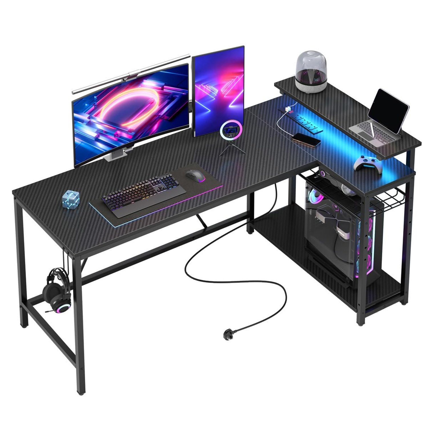 Bestier 106.5CM L-Shaped Desk with Power Outlets & LED Lights, Reversible Corner Desk with Shelves & Hooks for Home Office, Bedroom & Small Spaces
