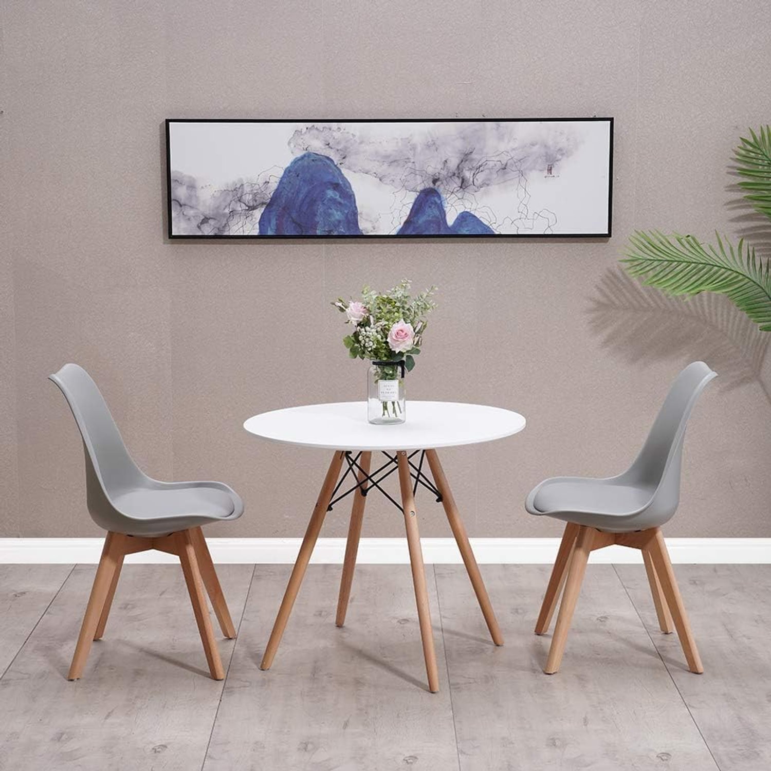 JupiterJX Modern Design Dining Table And Chairs Set 2, Round Kitchen Table Tulip Retro Lounge Chairs With Wooden Legs, Complete Dining Set White Table 80cm With Chairs For Home Office (White, 2 Chair)