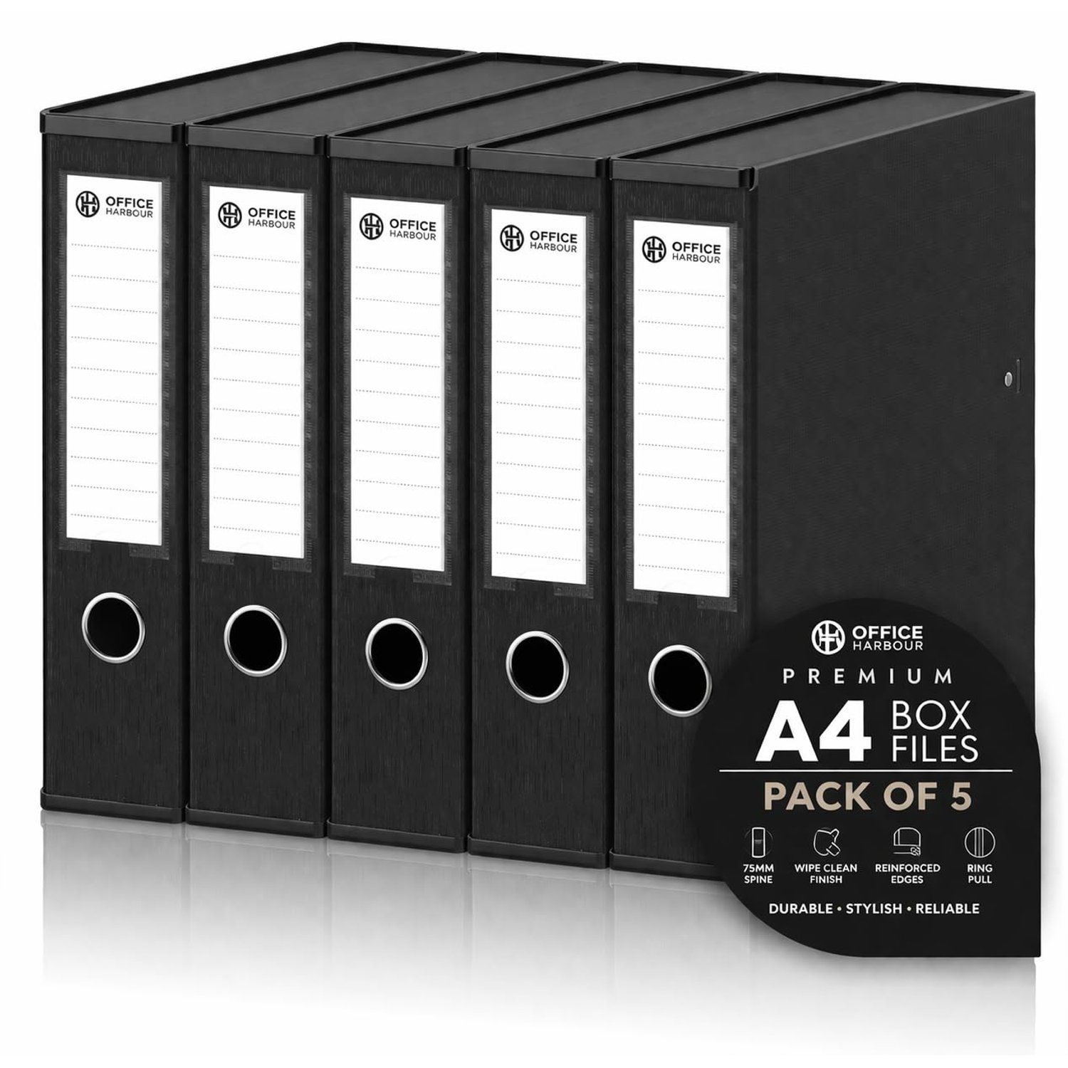 A4 Box Files Pack of 5 – Premium 75mm Document Storage Boxes, Matt Black Textured Finish, Reinforced Edges, Wipe Clean Durable Cardboard Filing Folders with Ring Pull