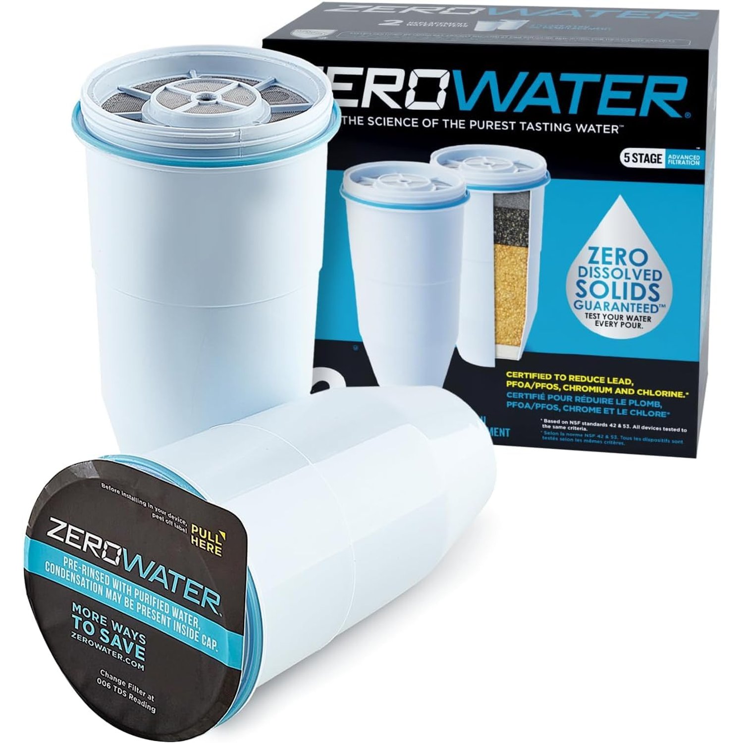 Culligan Zerowater 5-Stage Water Filter Replacement, IAPMO Certified to Reduce PFOA/PFOS, Fluoride, Lead, Chromium and Other Heavy Metals- 0 TDS, BPA Free, 2-Pack