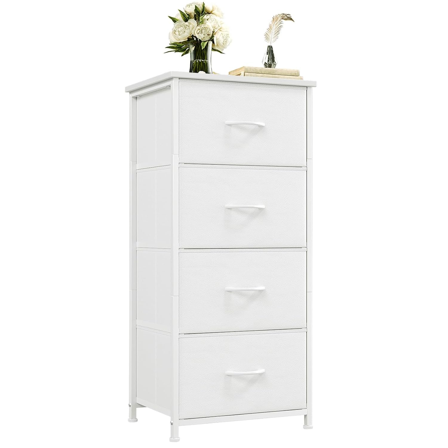 Somdot Chest of Drawers for Bedroom with 4 Fabric Drawers, Bedside Storage Cabinet for Kids Dorm Living Room Closet Wardrobe Laundry Entryway Hallway, White Leather