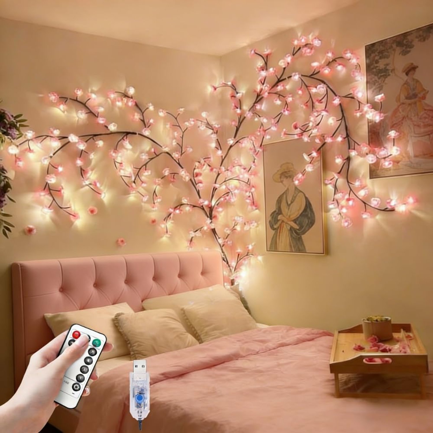 VIMAZ LED Cherry Blossom Tree Branch Lights for Wall,8 Modes Cherry Blossom Lights with 144 LED,Remote,Timer,Cherry Blossoms LED Vine Fairy Light,Decorations for Bedroom,Wall Art,Christmas