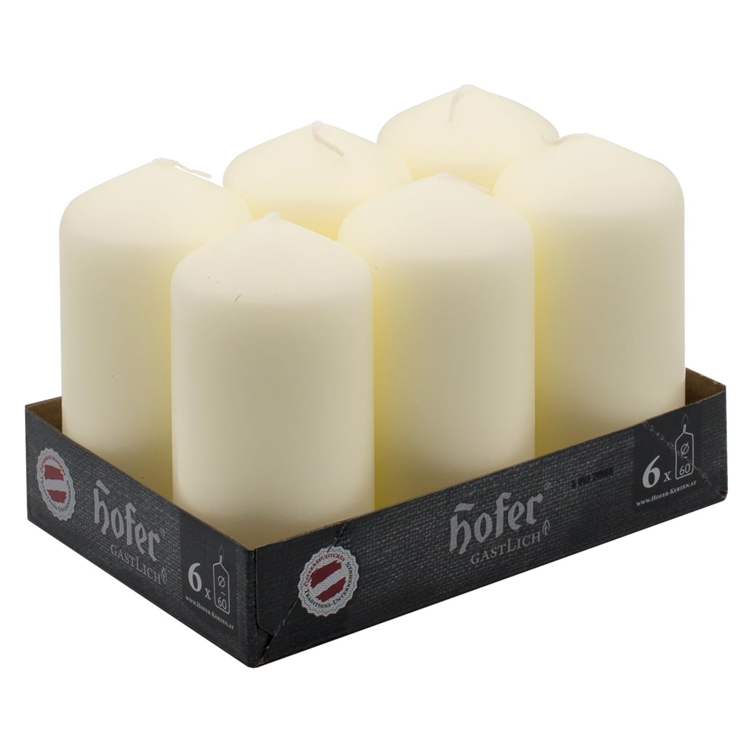 Hofer Unscented Pillar Candles - Ivory - 60 x 120 mm - Set of 6 Decorative Candles - 39 Hours Long Burning Time - Dripless - Smokeless - RAL Quality - Made in Austria