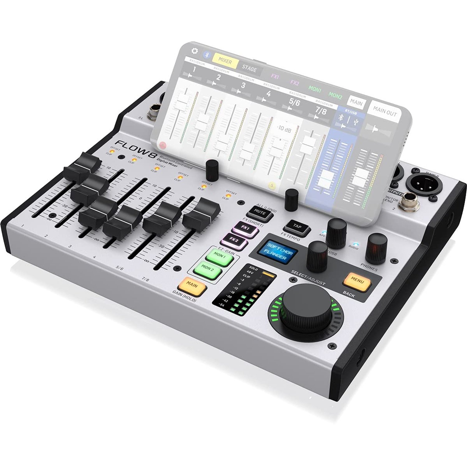 Behringer FLOW 8 8-Input Digital Mixer with Bluetooth Audio and App Control, 60 mm Channel Faders, 2 FX Processors and USB/Audio Interface
